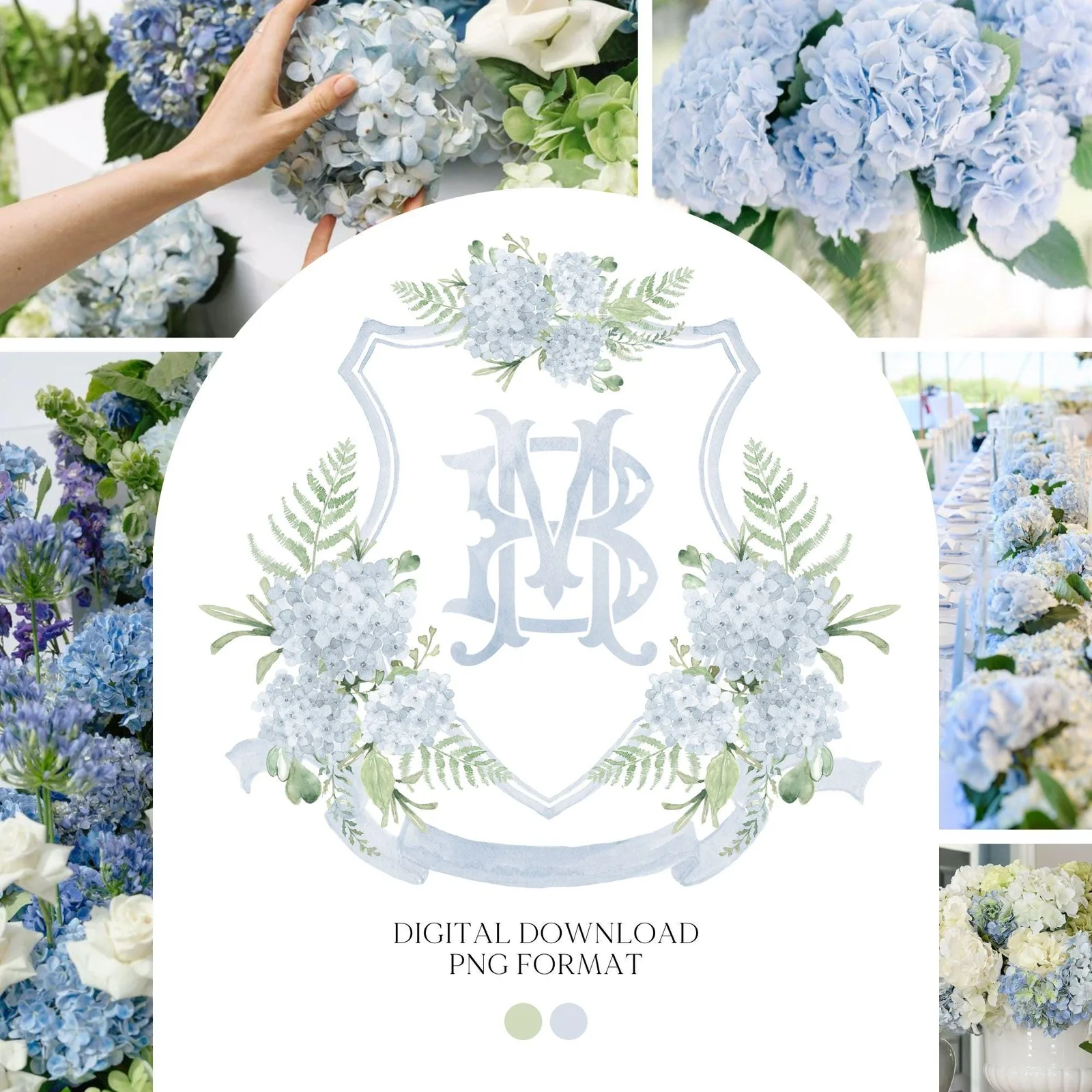 Blue Dusty Hydrangea Flower Wedding Crest - Monogram Crest - Hydrangea Floral Luxury Watercolor Wedding Crest - Romantic Wedding Crest