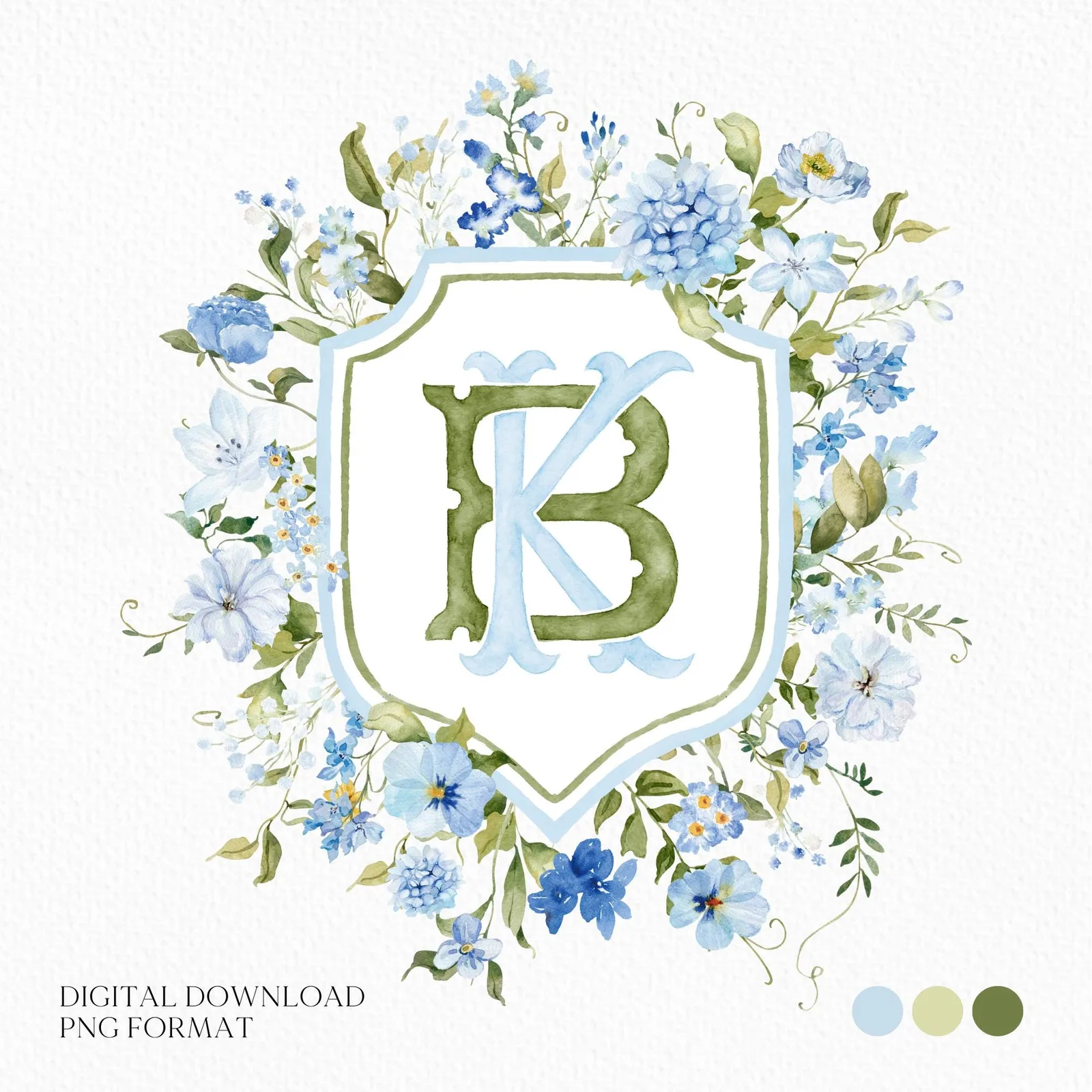Blue Wildflowers Bright Floral Colorful Watercolor Wedding Crest - Monogram Crest - Floral Watercolor Wedding Crest - Romantic Wedding Crest