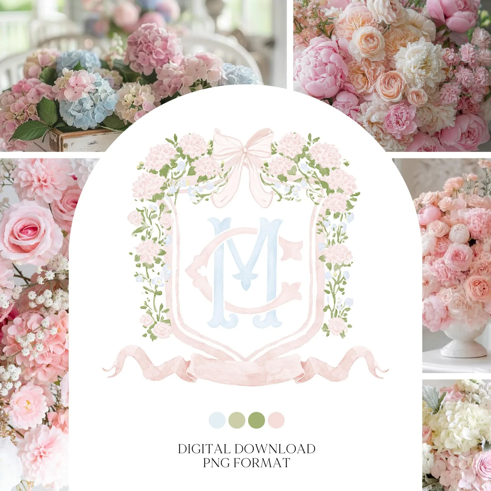Hydrangea Pink Green Floral Wedding Crest - Monogram Crest - Green Baby's Breath Hydrangea Floral Luxury Watercolor Wedding Crest