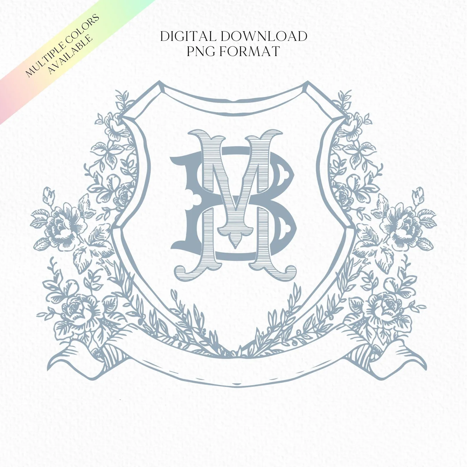 Vintage Blue Botanicals Flower Crest - Monogram Crest