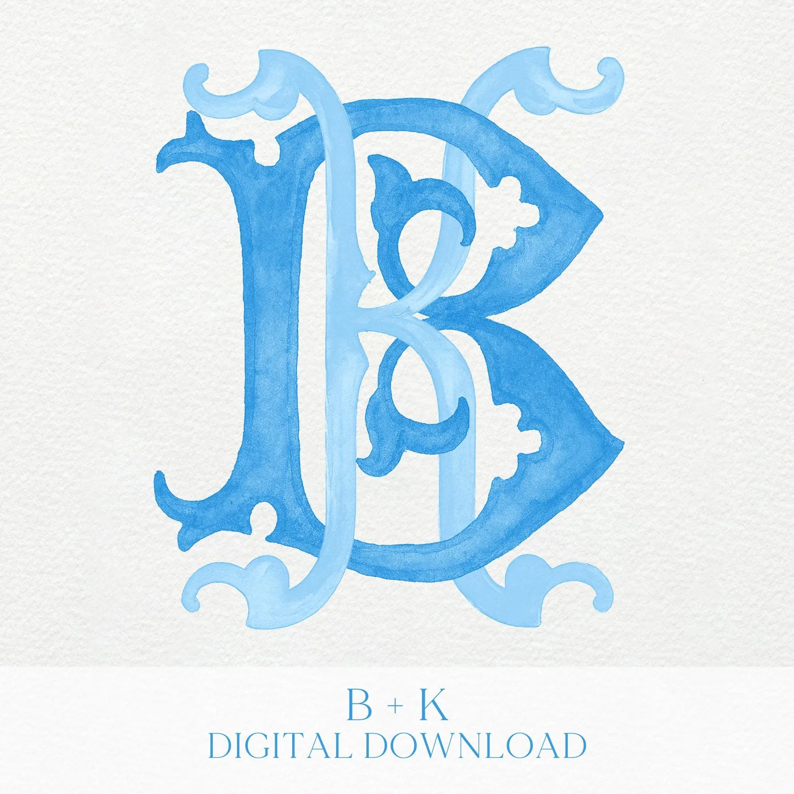 Watercolor Wedding Monogram – Classic BK/KB Initial Crest (Digital Download)