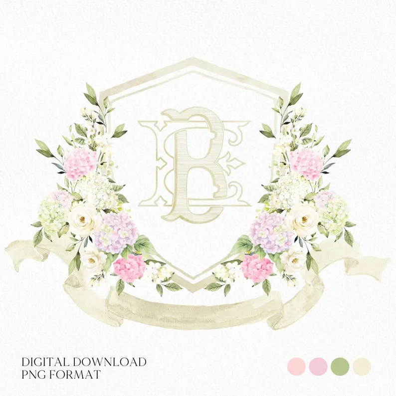Blue White Pink Hydrangea Flower Wedding Crest