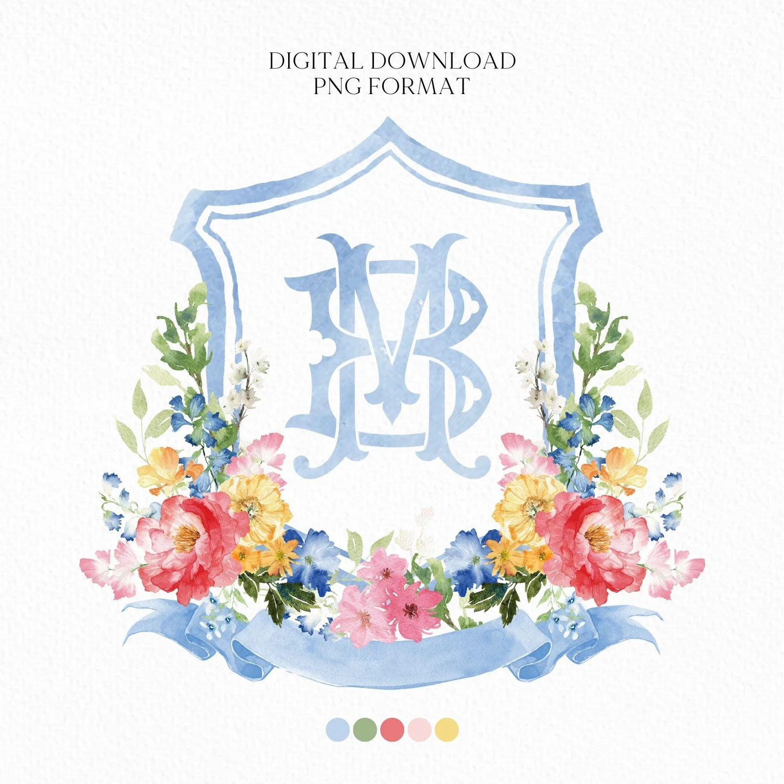 Wildflowers Bright Floral Colorful Watercolor Wedding Crest - Monogram Crest - Floral Watercolor Wedding Crest - Romantic Wedding Crest