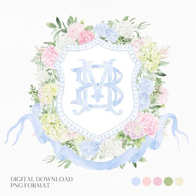Blue White Pink Hydrangea Flower Wedding Crest