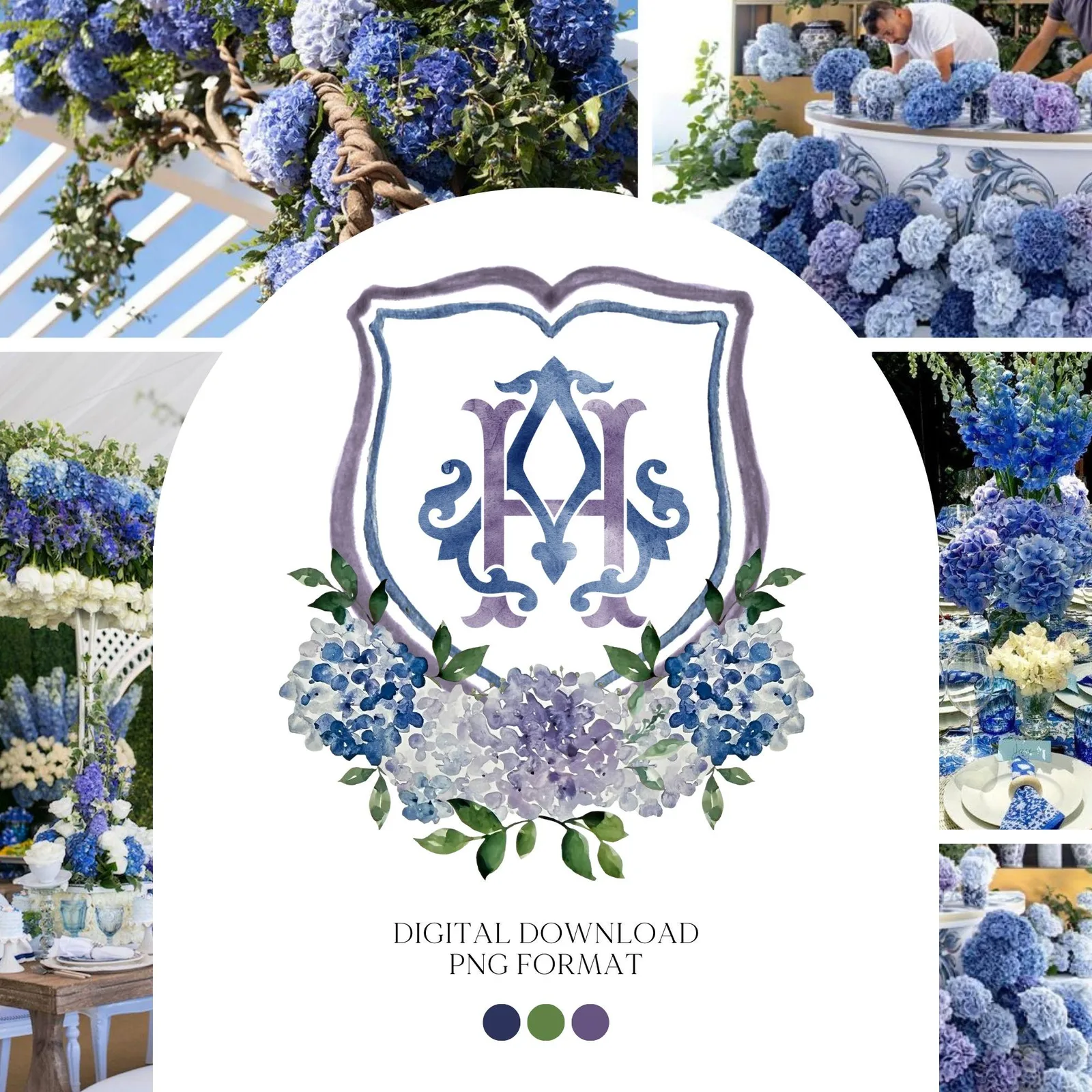 Navy Blue Hydrangea Flower Wedding Crest - Monogram Crest