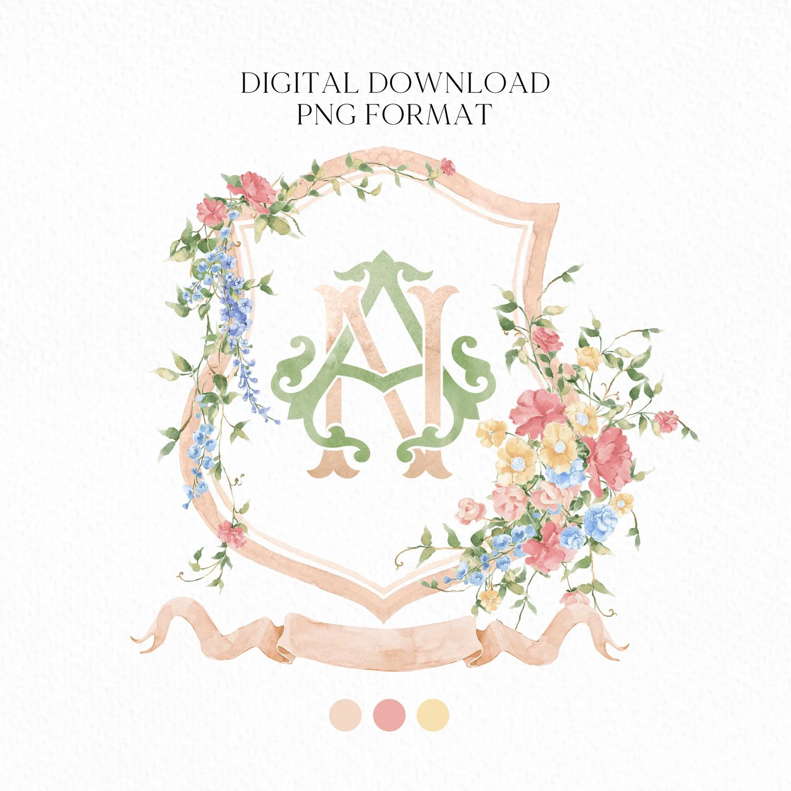 Wildflowers Pink Flower Garden Flowers Wedding Crest - Monogram Crest - Floral Luxury Watercolor Wedding Crest - Romantic Wedding Crest