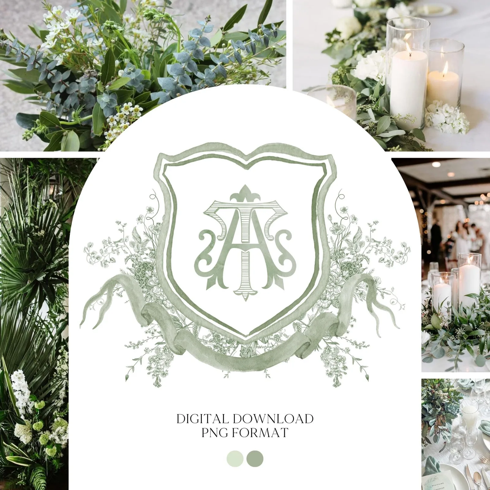 Vintage Moss Green Floral Wedding Crest - Monogram Crest - Vintage Floral Luxury Line art Wedding Crest - Romantic Wedding Crest