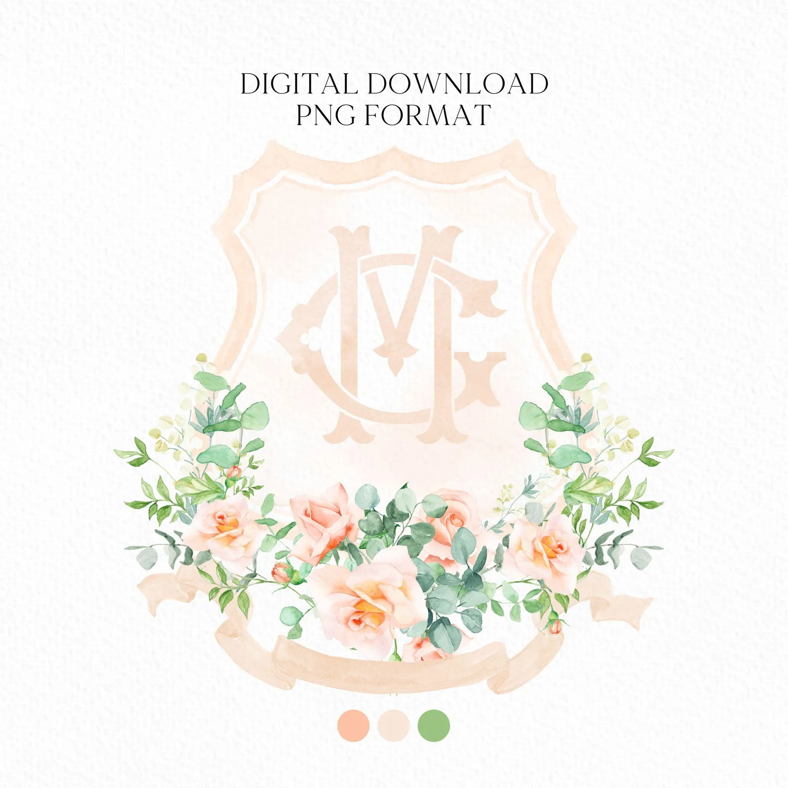 Peach Greenery Floral Eucalyptus watercolor Wedding Crest - Monogram Crest - Floral Luxury Watercolor Wedding Crest - Romantic Wedding Crest