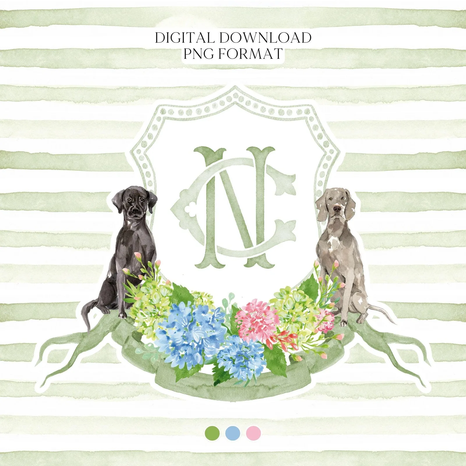 Hydrangea Blue Pink Wedding Crest - Monogram Crest - Hydrangea Green Floral Luxury Watercolor Wedding Crest - Romantic Wedding Crest