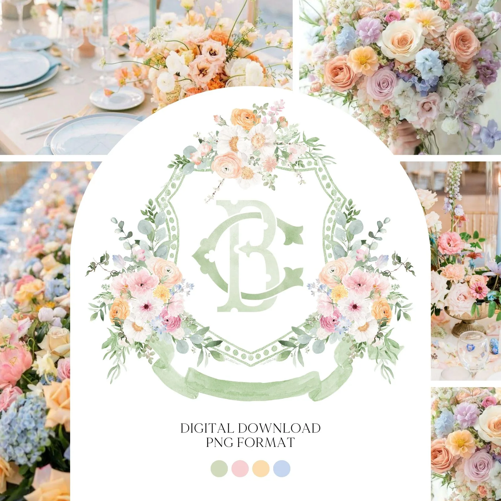 Wildflower Prink Spring Flower Wedding Crest - Monogram Crest - Wildflower bohemian Floral Watercolor Wedding Crest - Romantic Wedding Crest