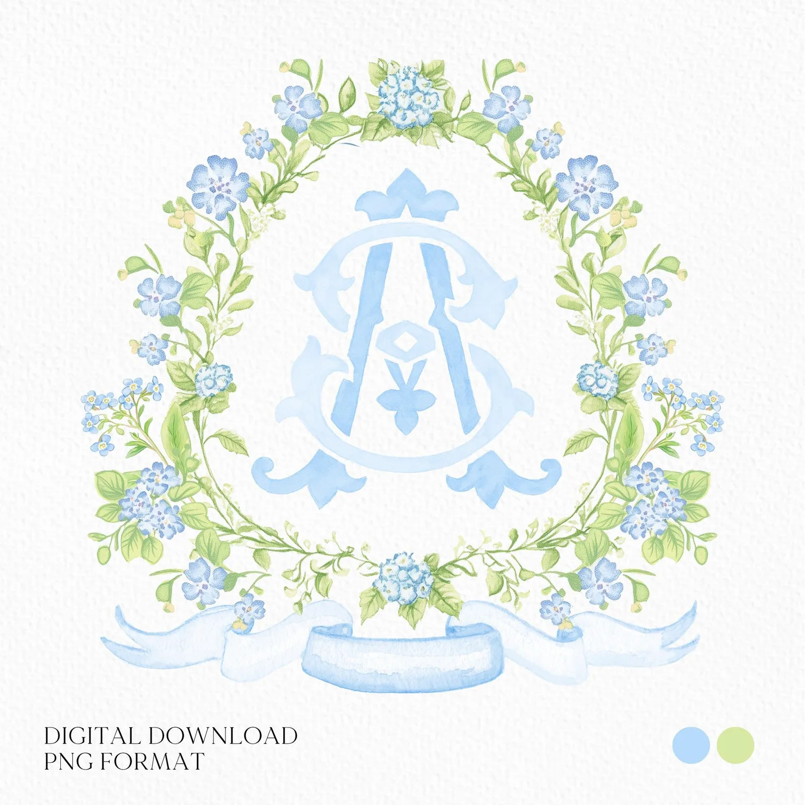 Watercolor Blue Flower Wedding Crest - Monogram Crest