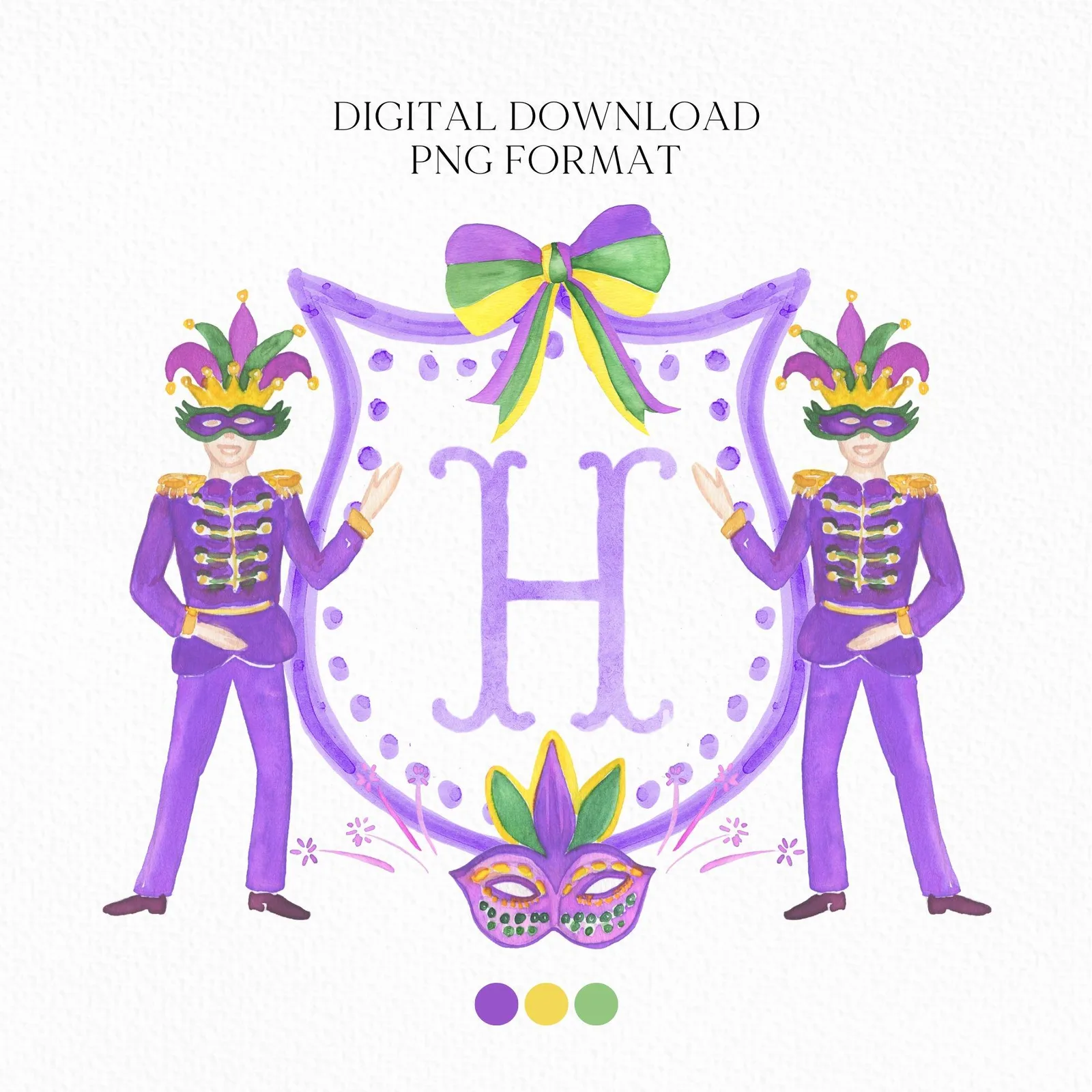Mardi Gras New Orleans Crest Watercolor Wedding Crest - Monogram Crest - Mardi Gras Watercolor Wedding Crest Romantic Wedding Crest