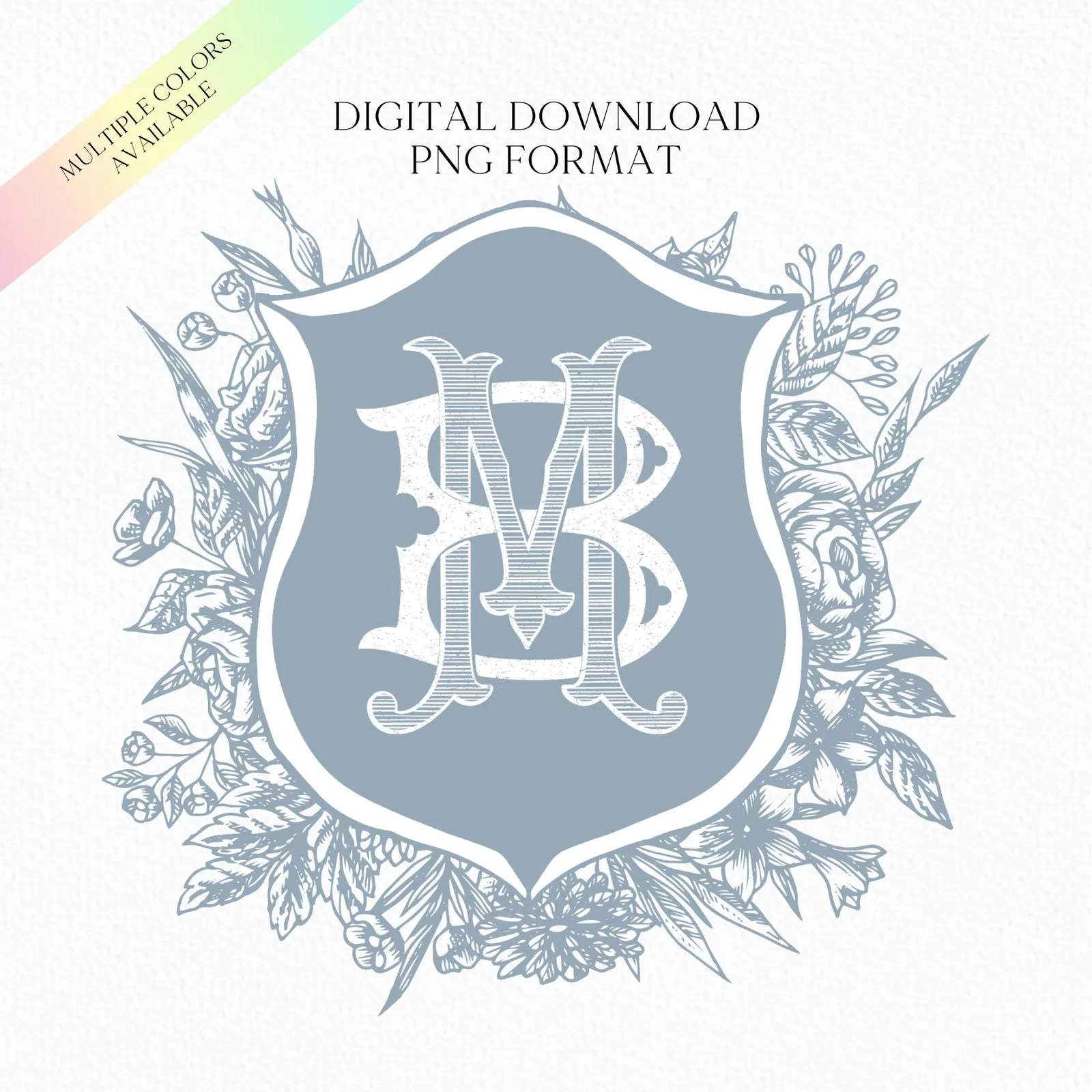 Vintage Blue Botanicals Wedding Crest - Monogram Crest - Vintage Luxury Watercolor Wedding Crest - Romantic Wedding Crest