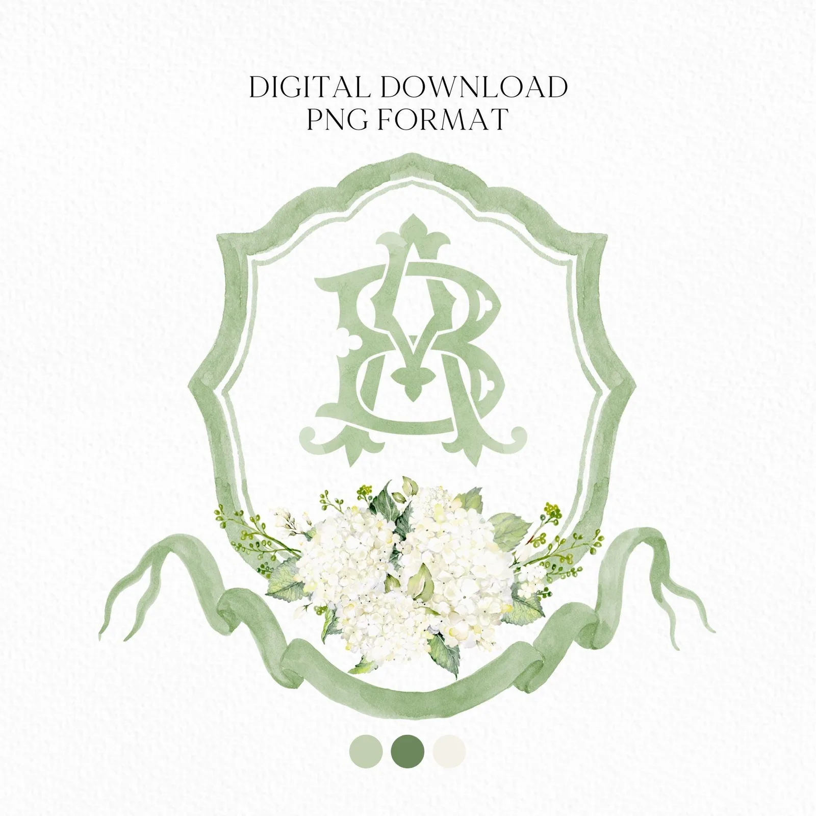 White Hydrangea Flower Greenery Wedding Crest - Monogram Crest - Hydrangea Floral Luxury Watercolor Wedding Crest - Romantic Wedding Crest