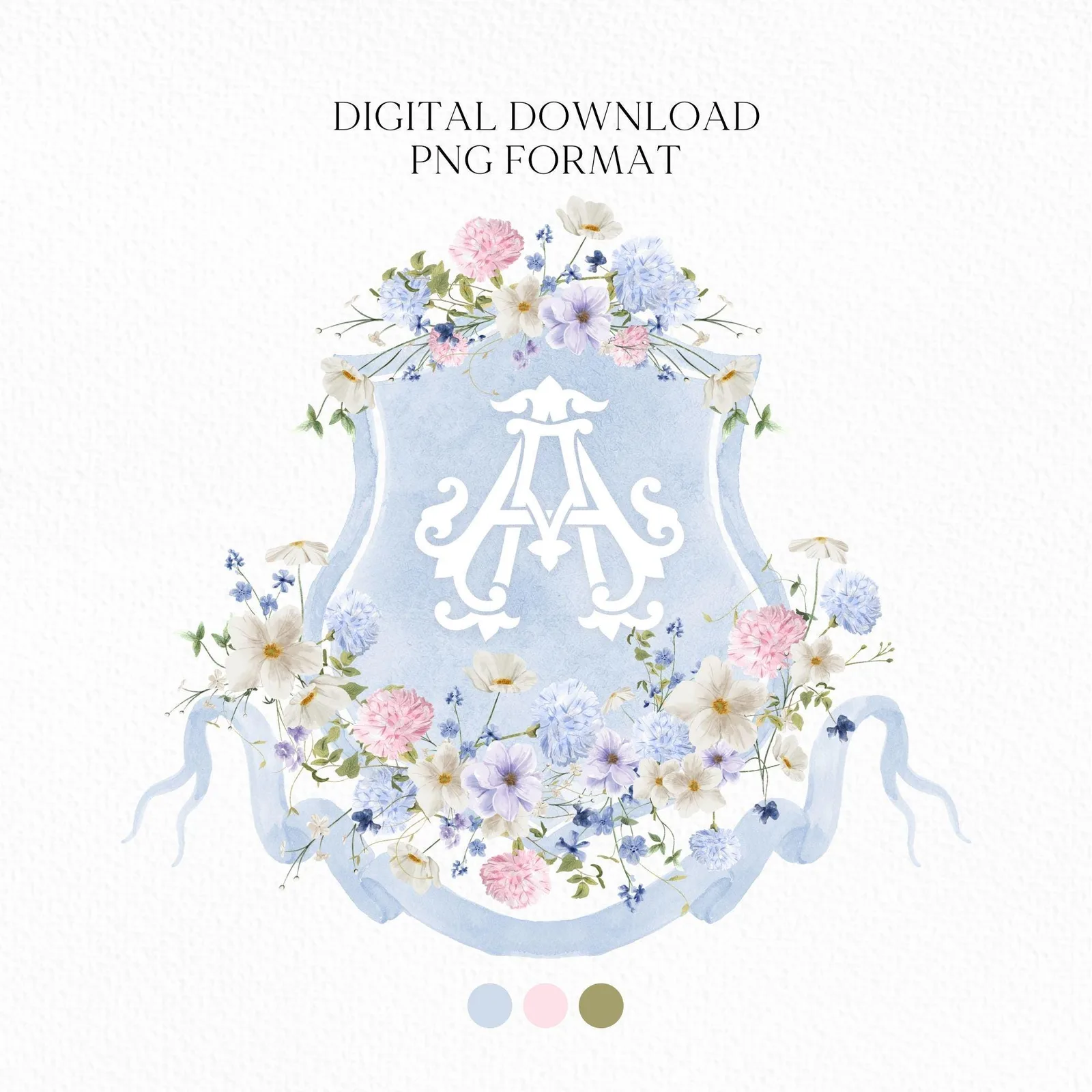 Wildflowers Bright Floral Colorful Watercolor Wedding Crest - Monogram Crest - Wildflowers Olivia Garden Flower Watercolor Wedding Crest