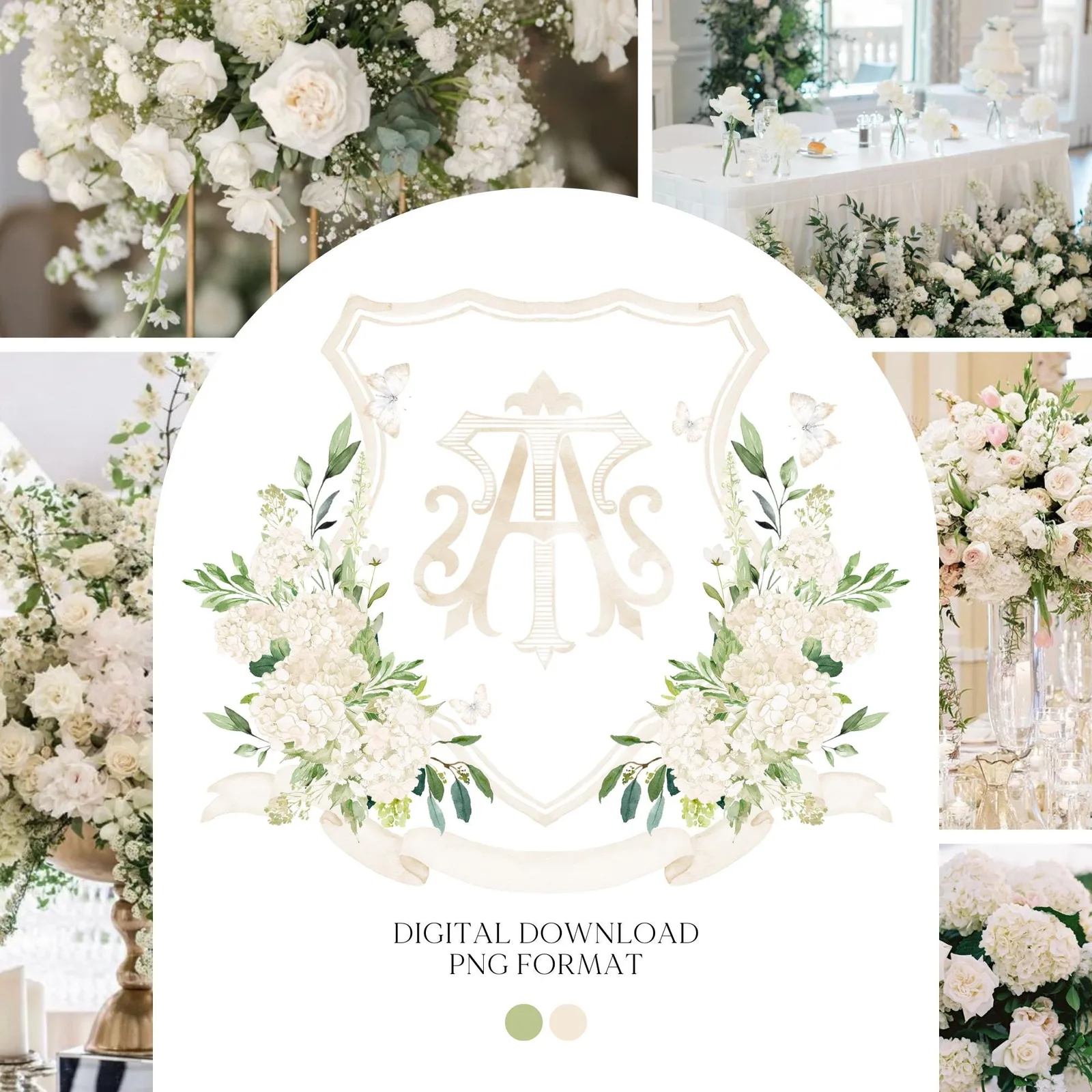 Hydrangea White Greenery Flower Wedding Crest - Monogram Crest - Hydrangea White Floral Watercolor Wedding Crest Romantic Wedding Crest