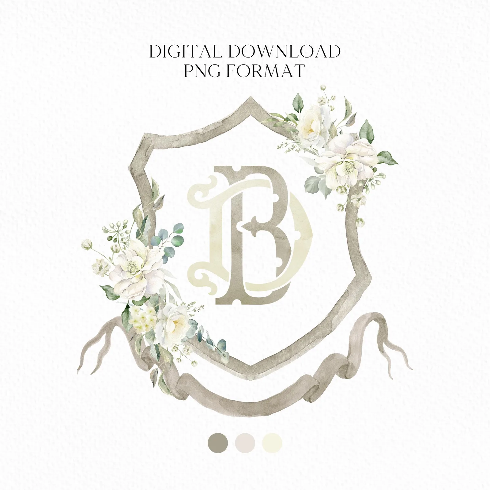 White Roses Flower Wedding Crest - Monogram Crest - White Floral Luxury Watercolor Wedding Crest - Romantic Wedding Crest - Boho Roses