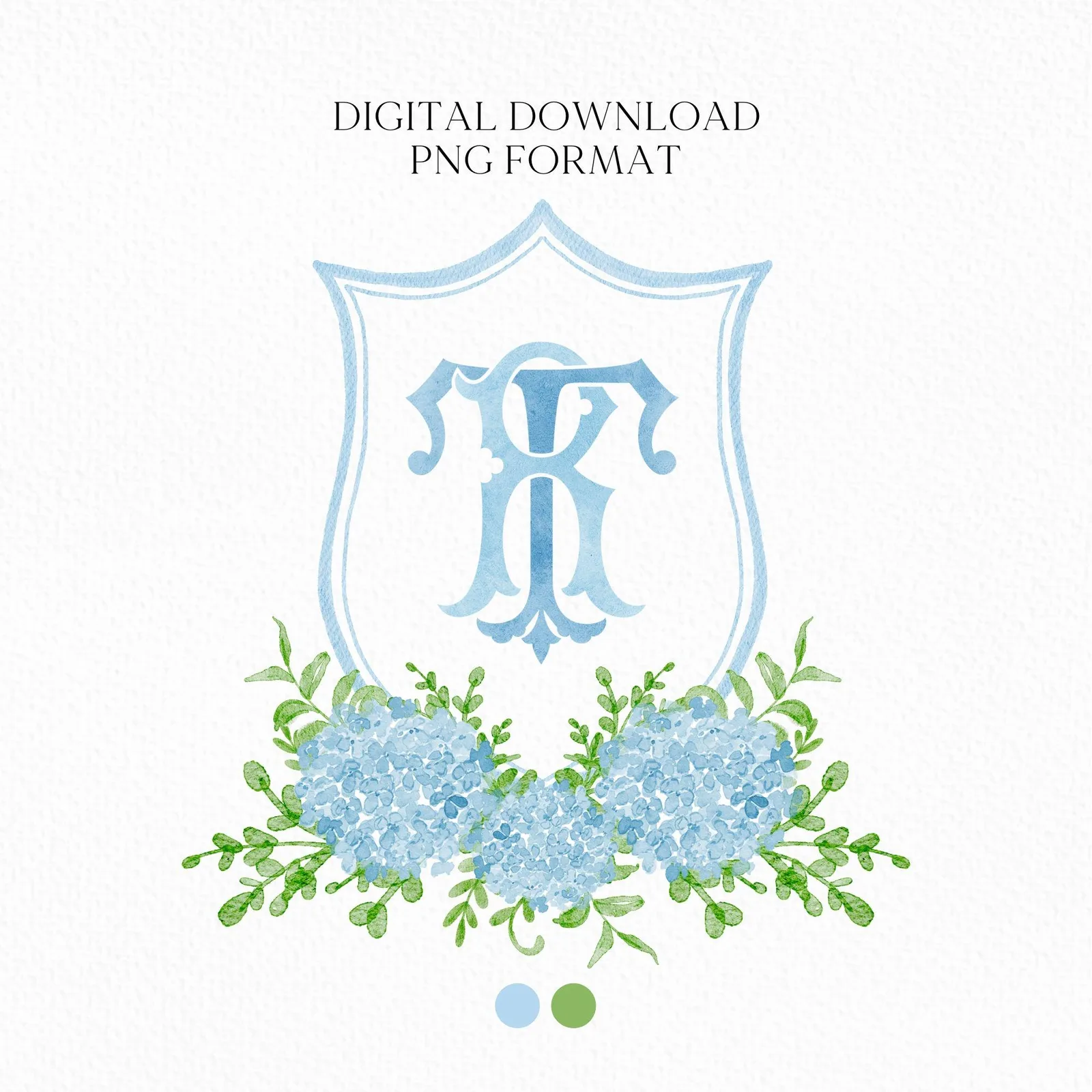 Blue Hydrangea Flower Greenery Wedding Crest - Monogram Crest - Hydrangea Floral Luxury Watercolor Wedding Crest - Romantic Wedding Crest
