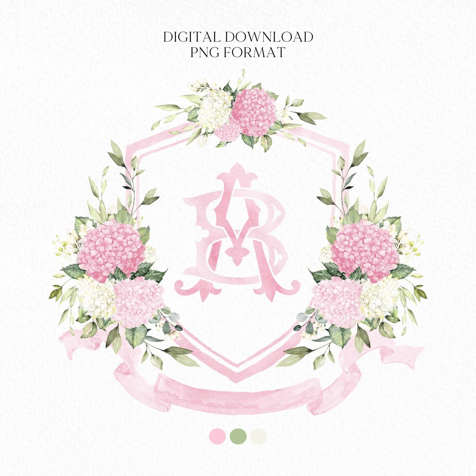 Pink Hydrangea Flower Wedding Crest - Monogram Crest - Hydrangea Floral Luxury Watercolor Wedding Crest - Romantic Wedding Crest