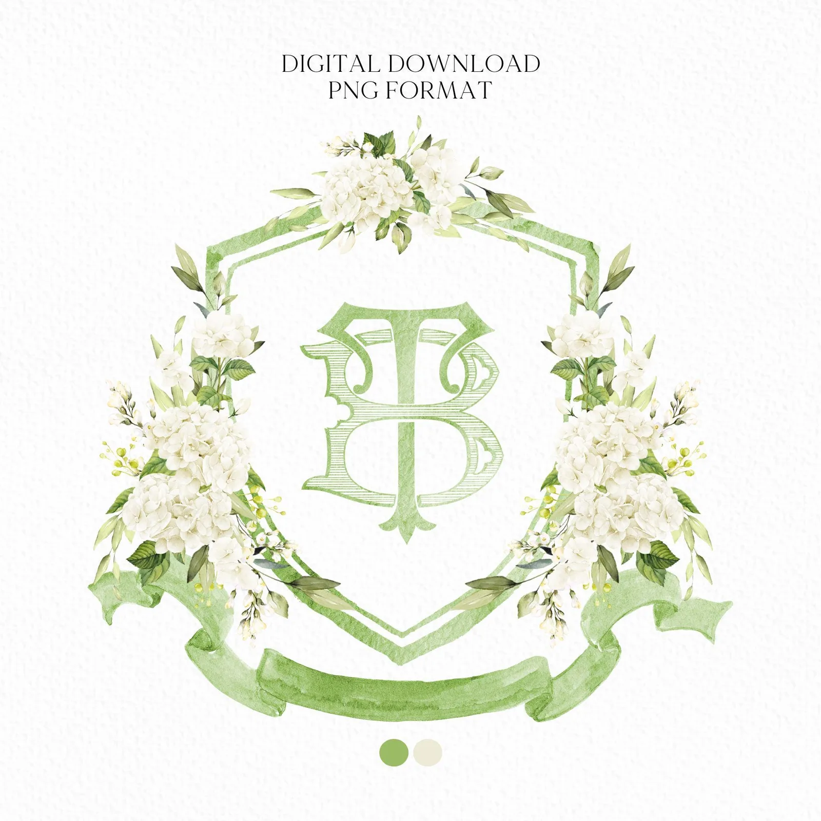 White Hydrangea Flower Wedding Crest - Monogram Crest - Hydrangea Floral Watercolor Wedding Crest - Romantic Wedding Crest - Boho Hydrangea