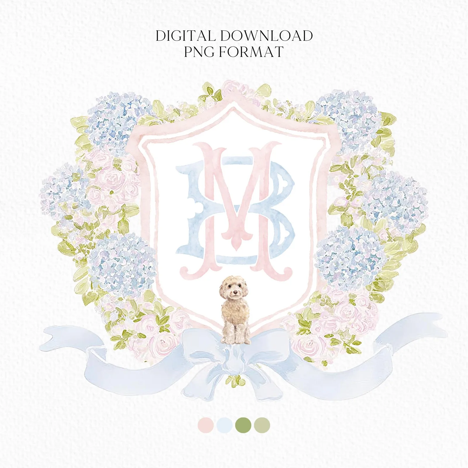 Hydrangea Pink Green Floral Wedding Crest - Monogram Crest - Green Baby's Breath Hydrangea Floral Luxury Watercolor Wedding Crest