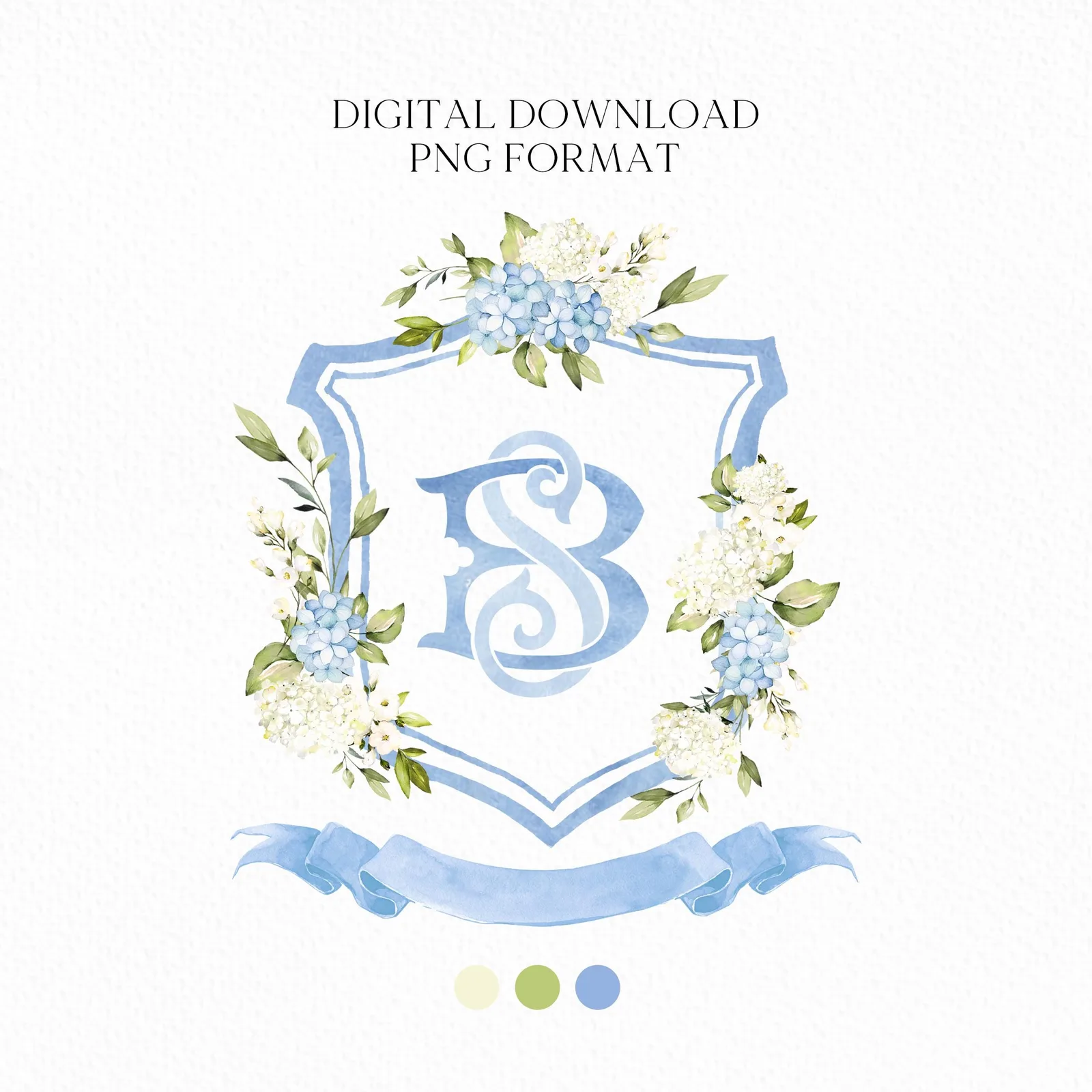 White Blue Hydrangea Flower Wedding Crest - Monogram Crest - Hydrangea Floral Watercolor Wedding Crest - Romantic Wedding Crest - Hydrangea