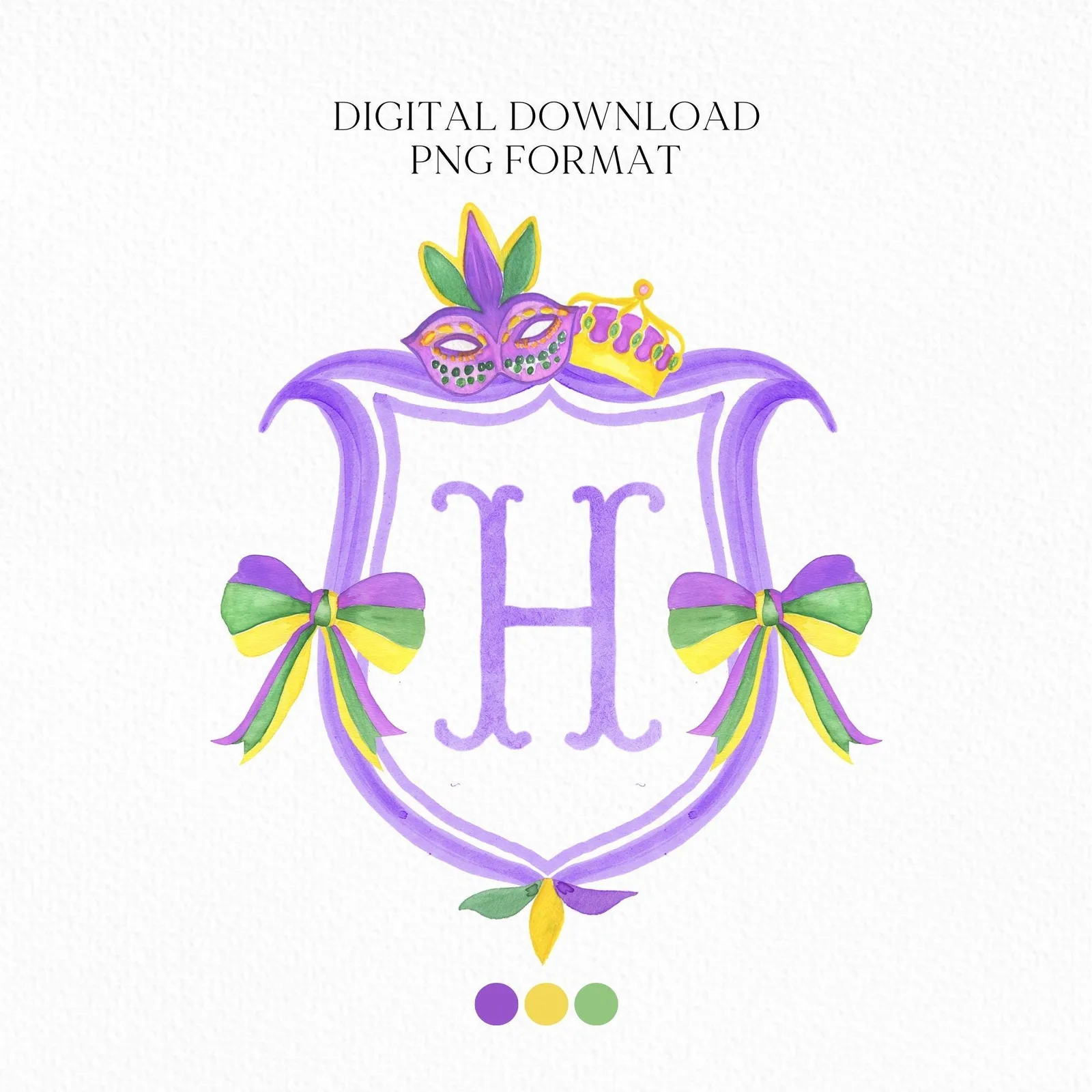 Mardi Gras New Orleans Crest Watercolor Wedding Crest - Monogram Crest - Mardi Gras Watercolor Wedding Crest Romantic Wedding Crest