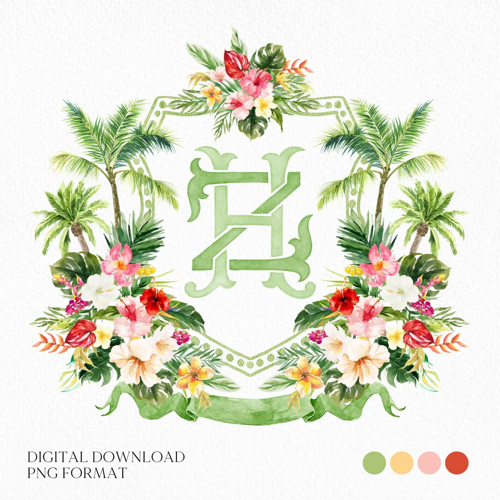 Tropical Palm Watercolor Flowers Wedding Crest - Monogram Crest - Watercolor Palm Springs Wedding Crest - Romantic Wedding
