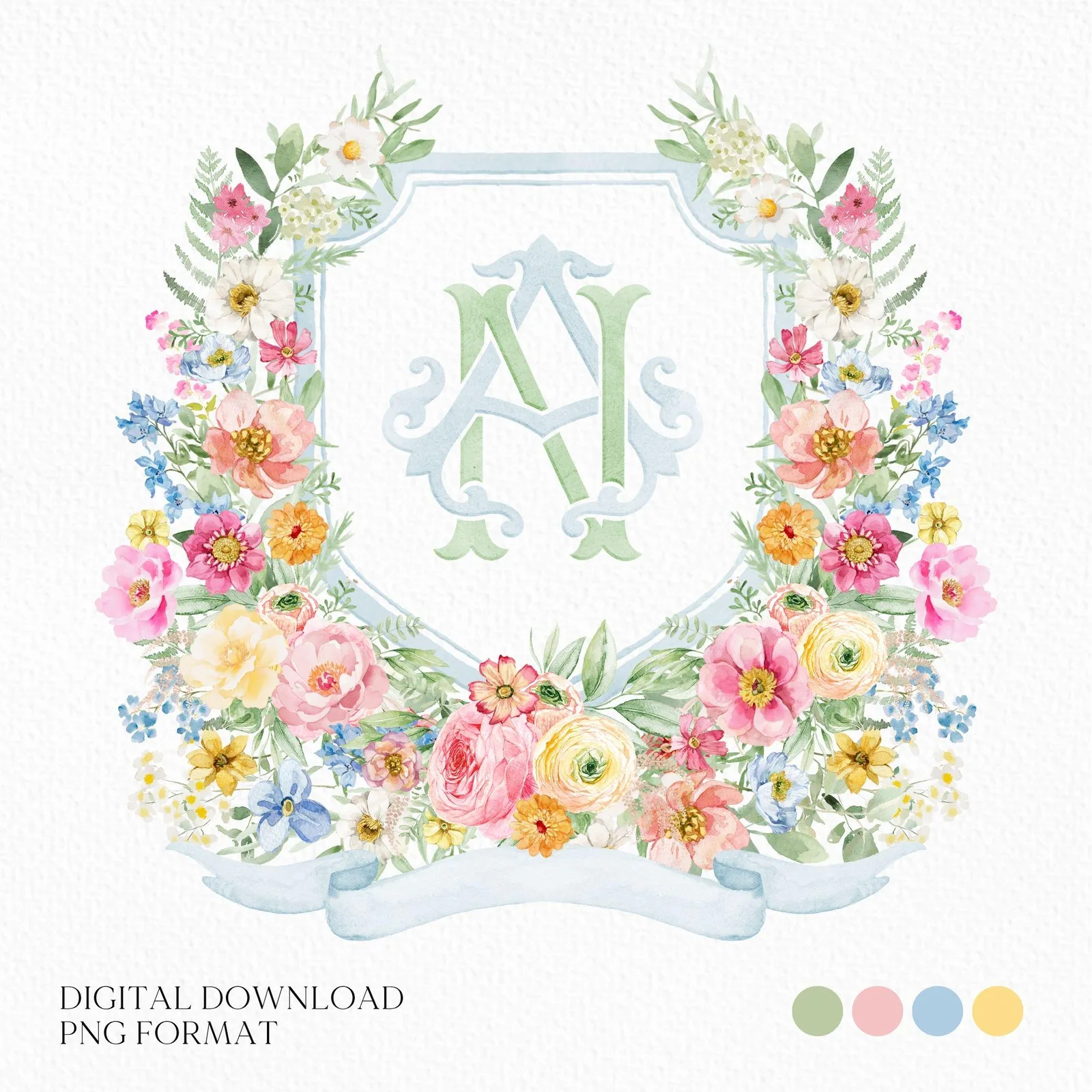 Wildflowers Bright Floral Colorful Watercolor Wedding Crest - Monogram Crest - Floral Watercolor Wedding Crest - Romantic Wedding Crest