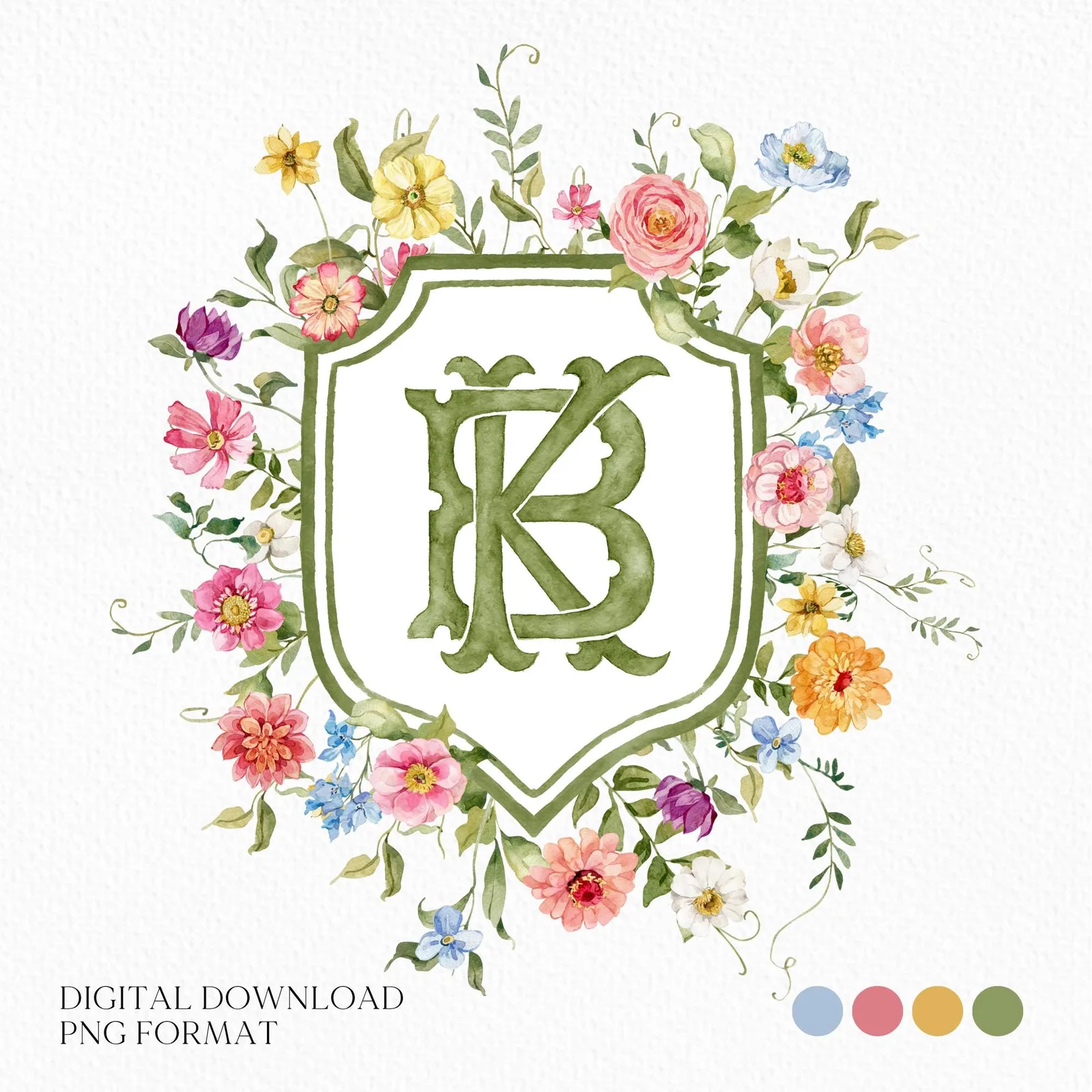 Wildflowers Bright Floral Colorful Watercolor Wedding Crest - Monogram Crest - Floral Watercolor Wedding Crest - Romantic Wedding Crest