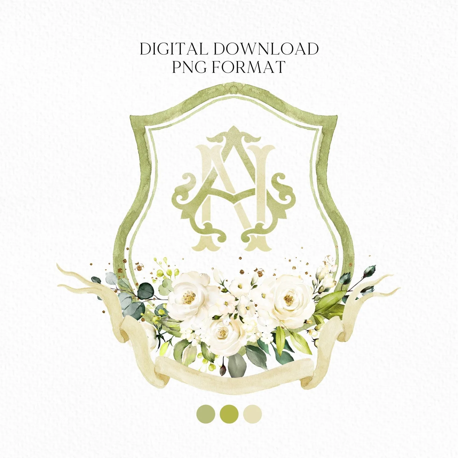 White Roses Eucalyptus Flower Wedding Crest - Monogram Crest - White Floral Luxury Watercolor Wedding Crest - Romantic Wedding Crest