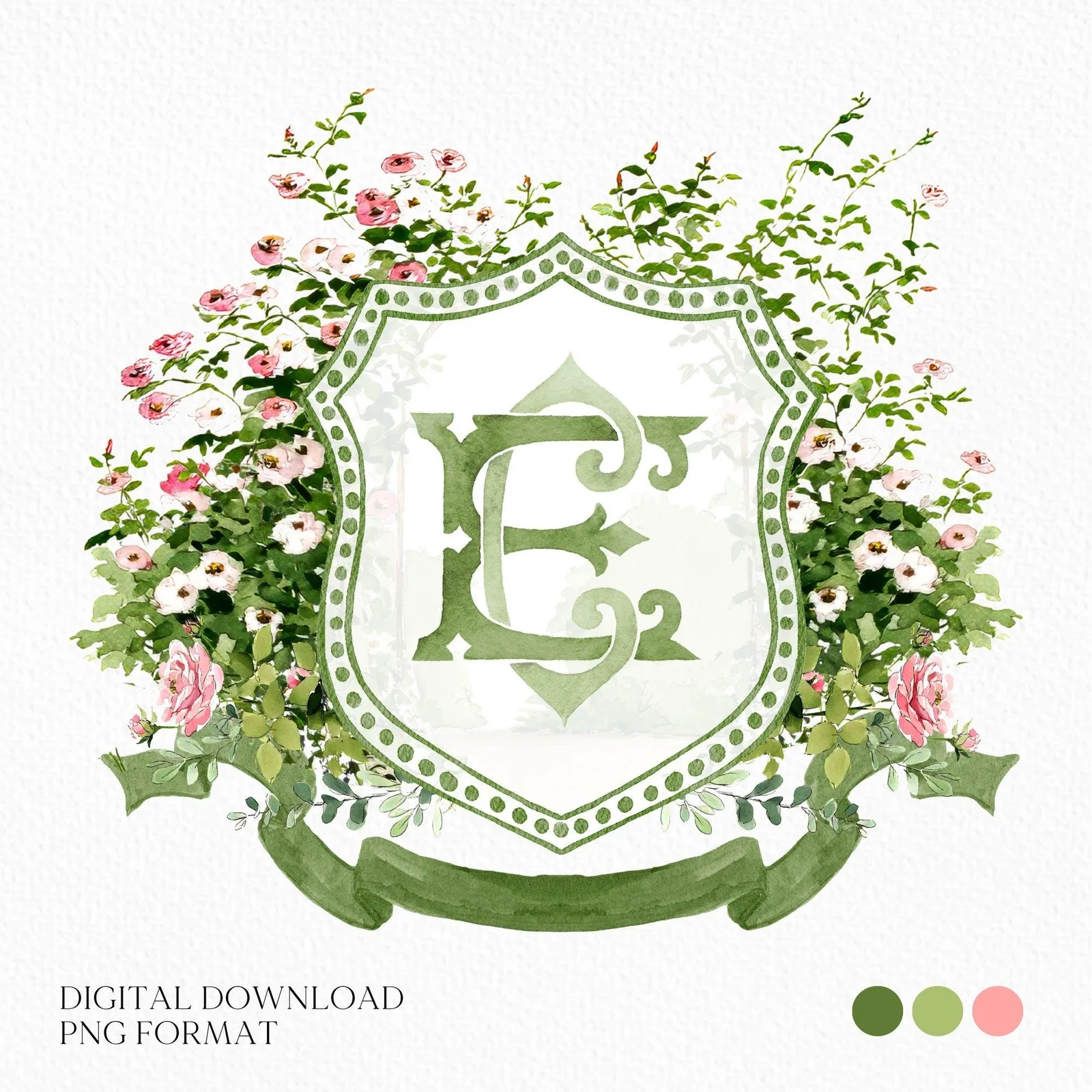 Blush Roses Soft Petals Flower Wedding Crest - Monogram Crest - Watercolor Rose Floral Watercolor Wedding Crest - Romantic Wedding Crest