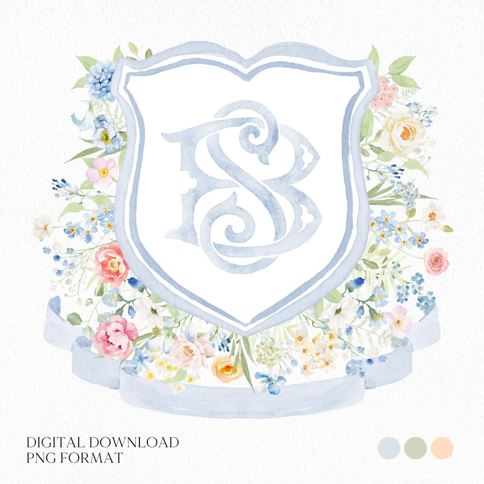 Blue Wildflowers Bright Floral Colorful Watercolor Wedding Crest