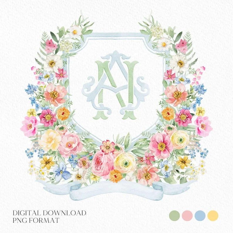 Wildflowers Bright Floral Colorful Watercolor Wedding Crest