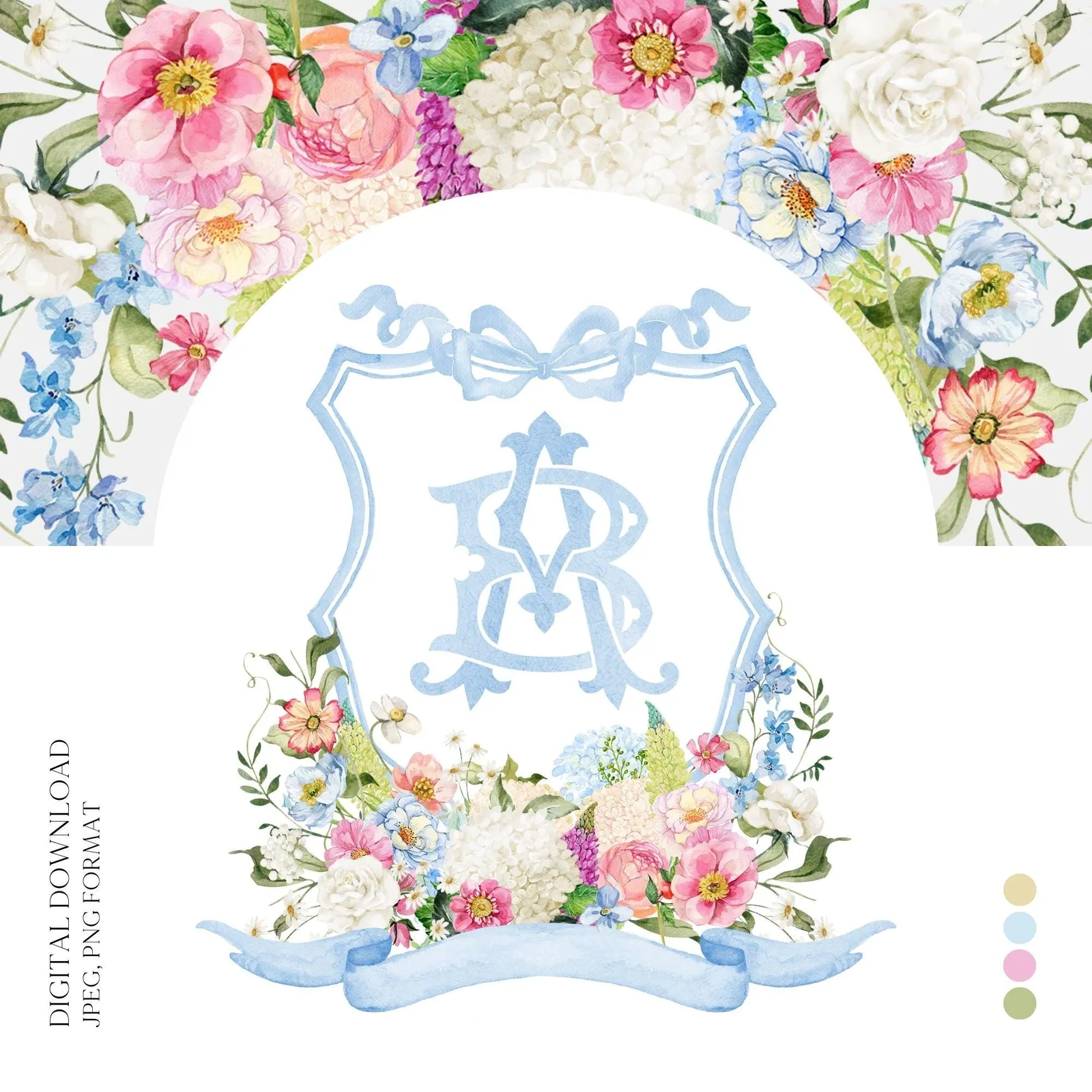 Wildflowers Bright Floral Hydrangea Watercolor Wedding Crest - Monogram Crest - Floral Watercolor Wedding Crest - Romantic Wedding Crest
