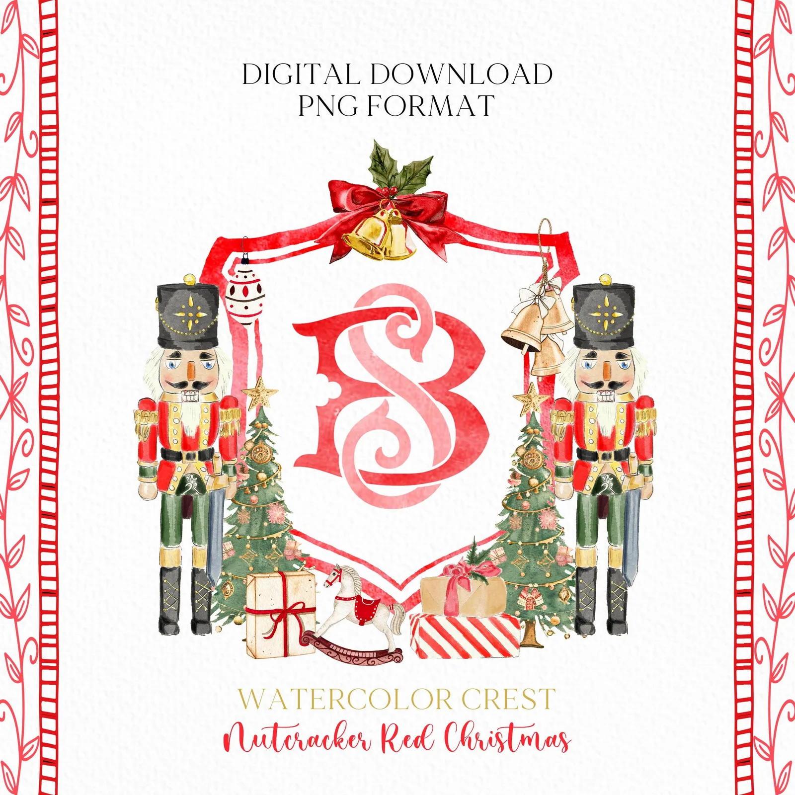 Nutcracker Christmas Crest - Monogram Crest - Christmas Watercolor Crest DIY - Luxury Watercolor Wedding Crest - Nutcracker Red Christmas