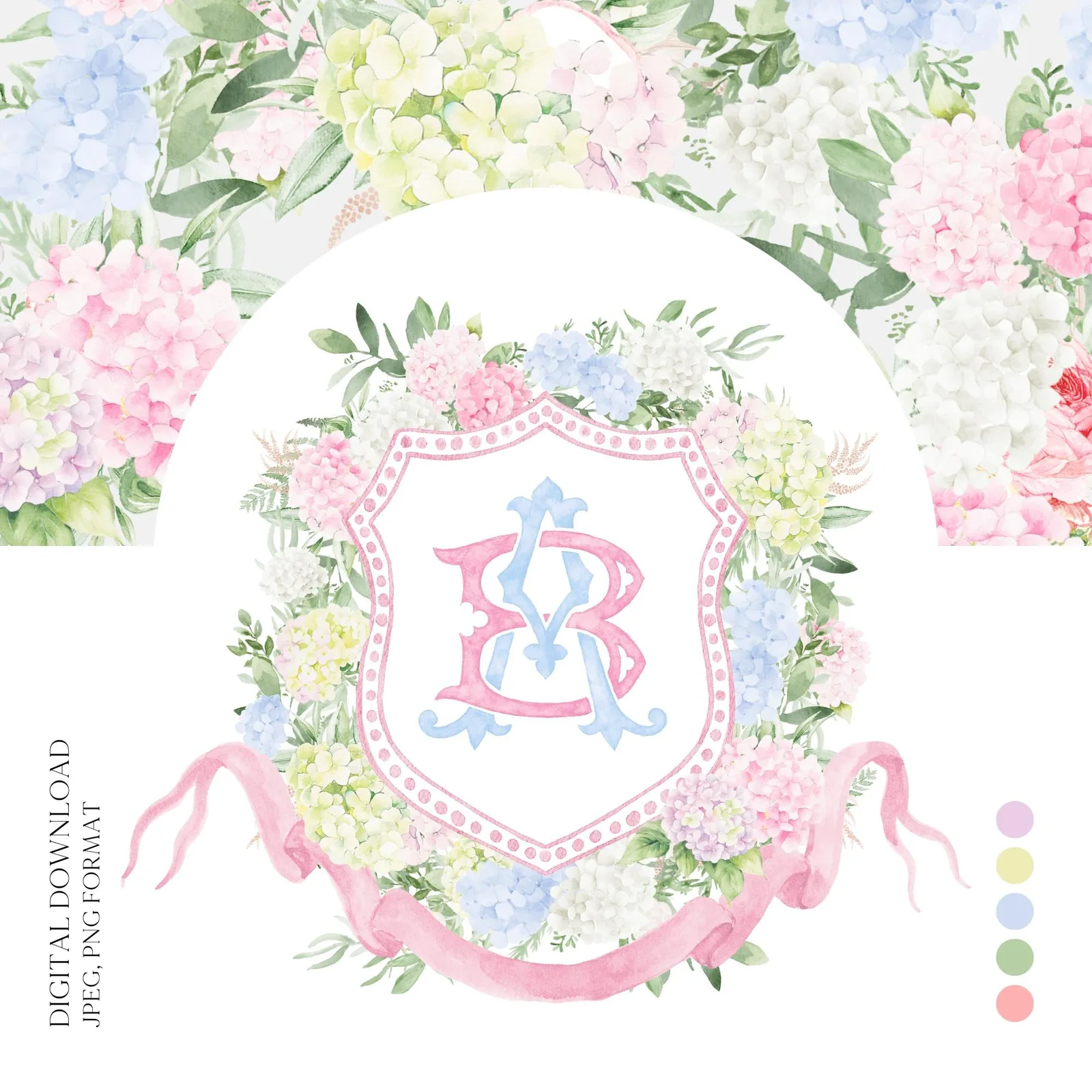 Blue White Pink Hydrangea Flower Wedding Crest - Monogram Crest - Pastel Color Hydrangea Floral Luxury Watercolor Wedding Crest