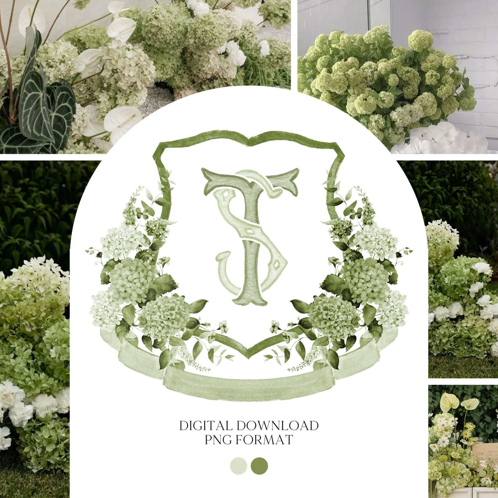 Green Hydrangea Flower Wedding Crest - Monogram Crest - Hydrangea Floral Watercolor Wedding Crest - Romantic Wedding Crest - Boho Hydrangea
