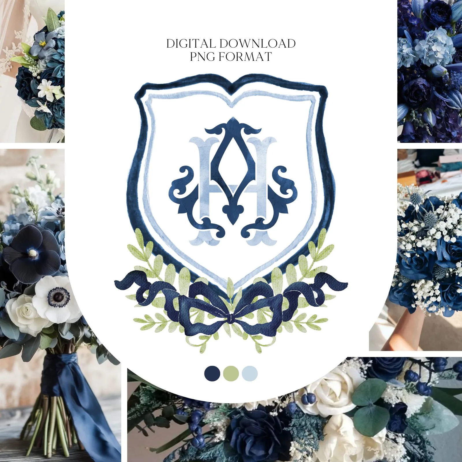 Dark Blue Watercolor Classic Eucalyptus Ribbon Flower Wedding Crest