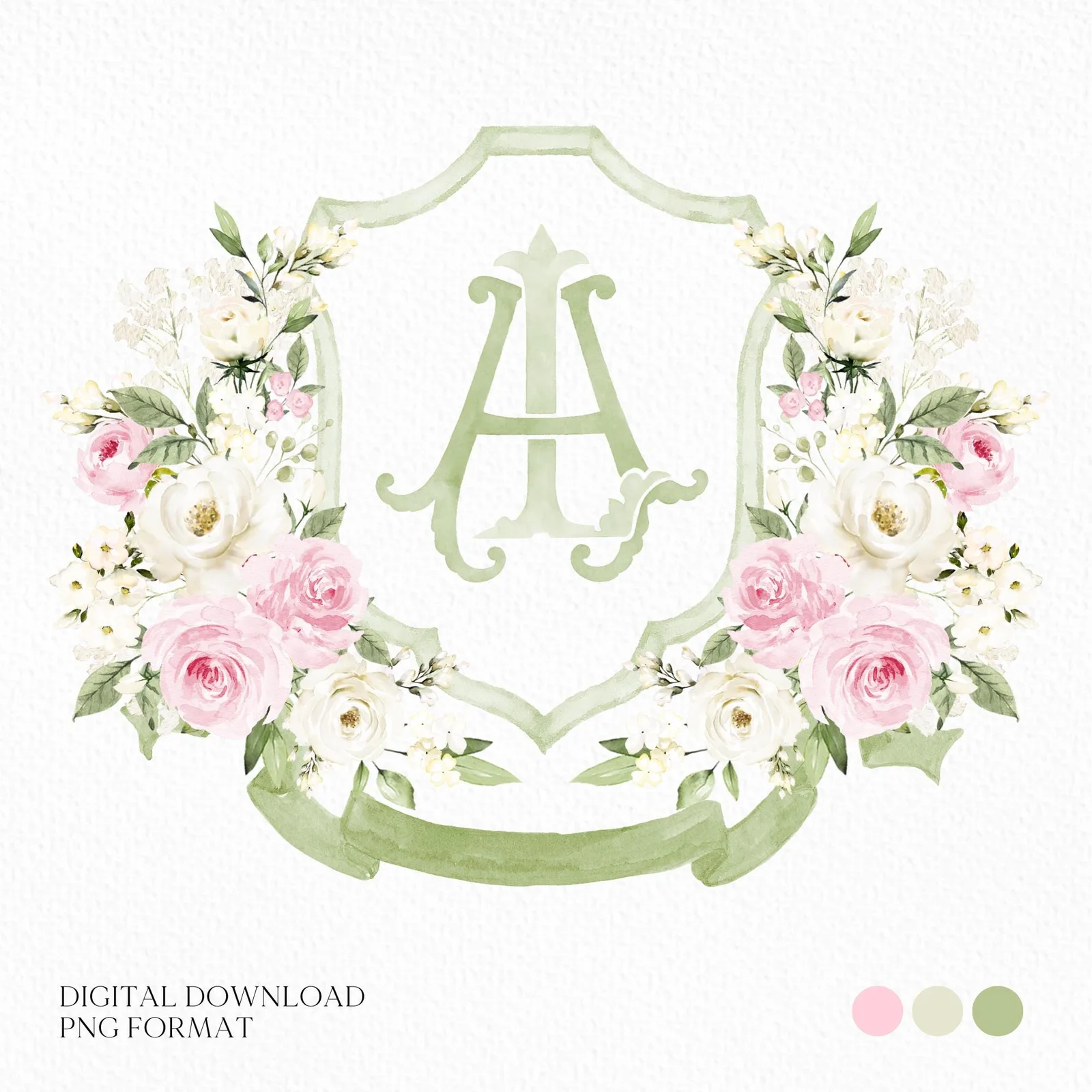 White Roses Blush Pink Rose Flower Wedding Crest - Monogram Crest - Roses Floral Luxury Watercolor Wedding Crest