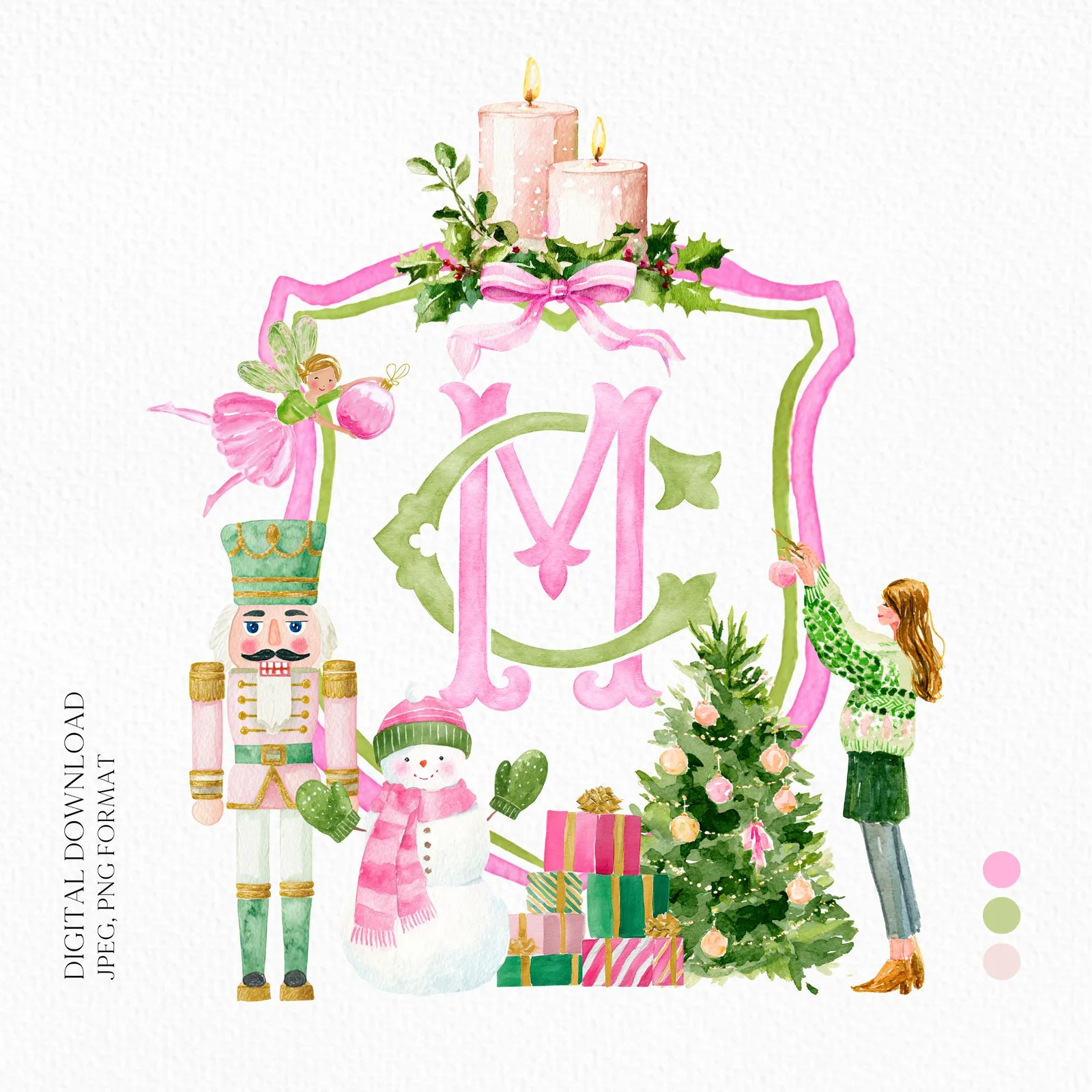 Nutcracker Christmas Wedding Crest - Monogram Crest - Winter Floral Watercolor Wedding Crest - Winter Christmas Wedding Light Pink Crest
