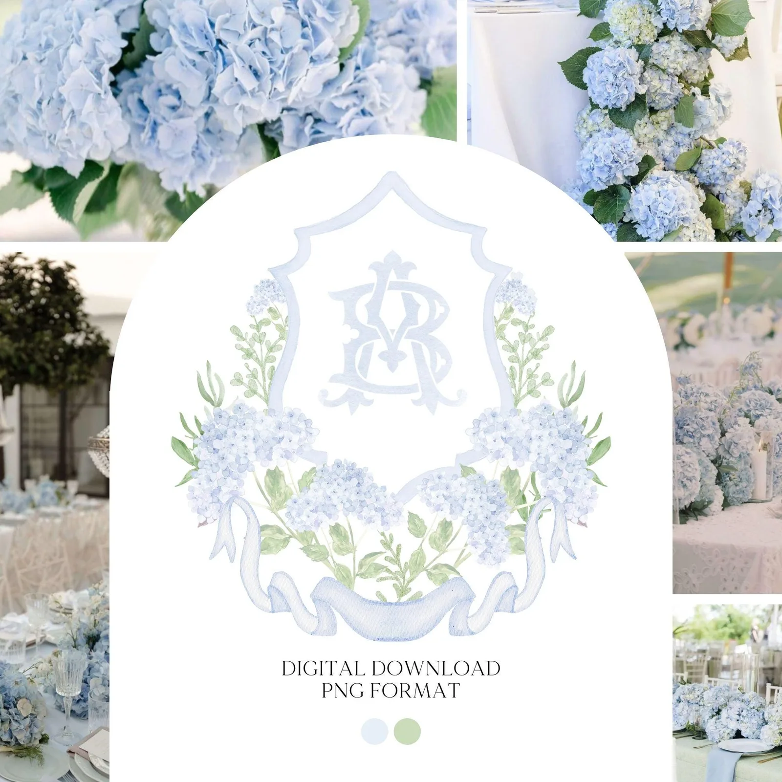Light Blue Hydrangea Flower Wedding Crest - Monogram Crest - Hydrangea Floral Luxury Watercolor Wedding Crest - Romantic Wedding Crest