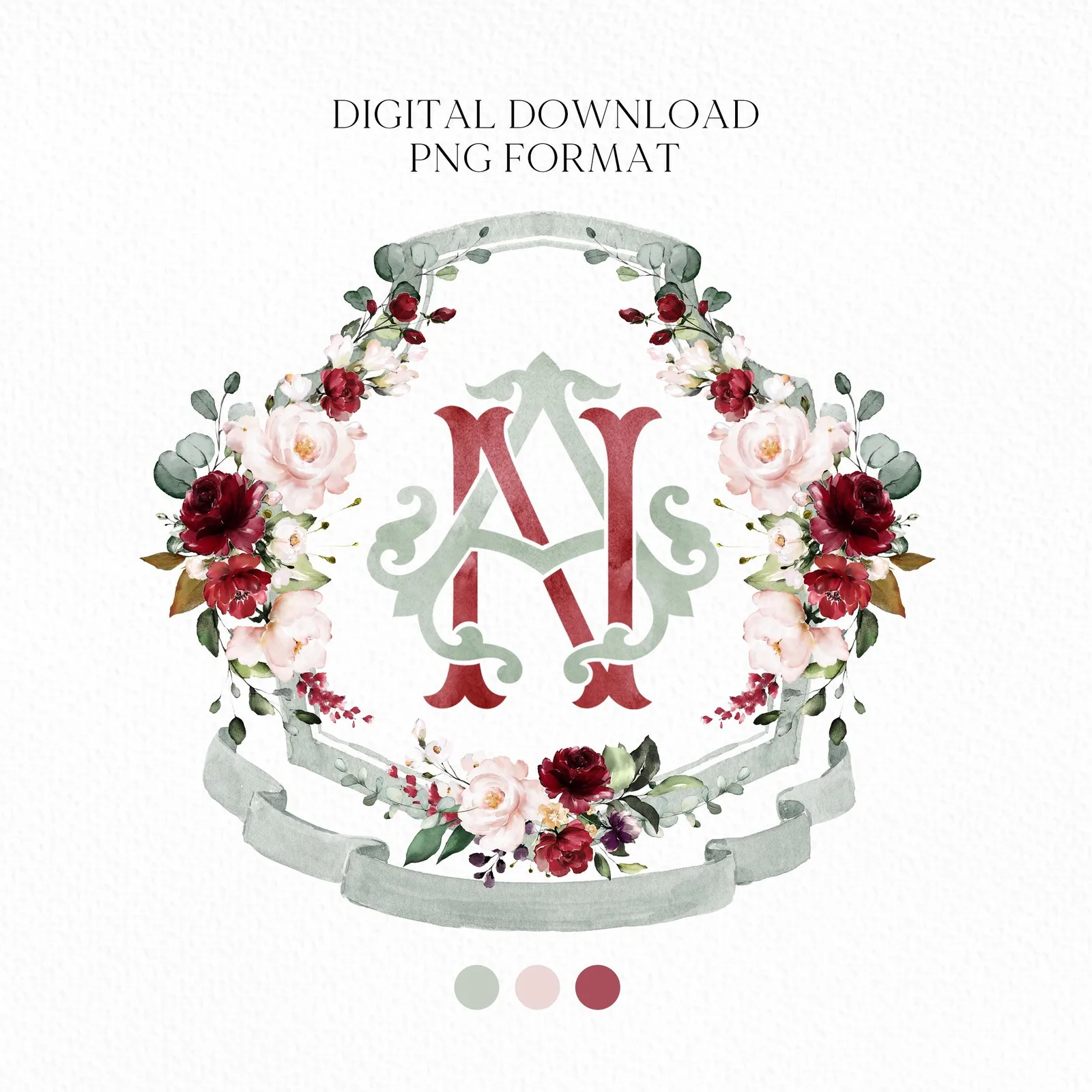 Geometric Burgundy blush Pink Floral Wedding Crest