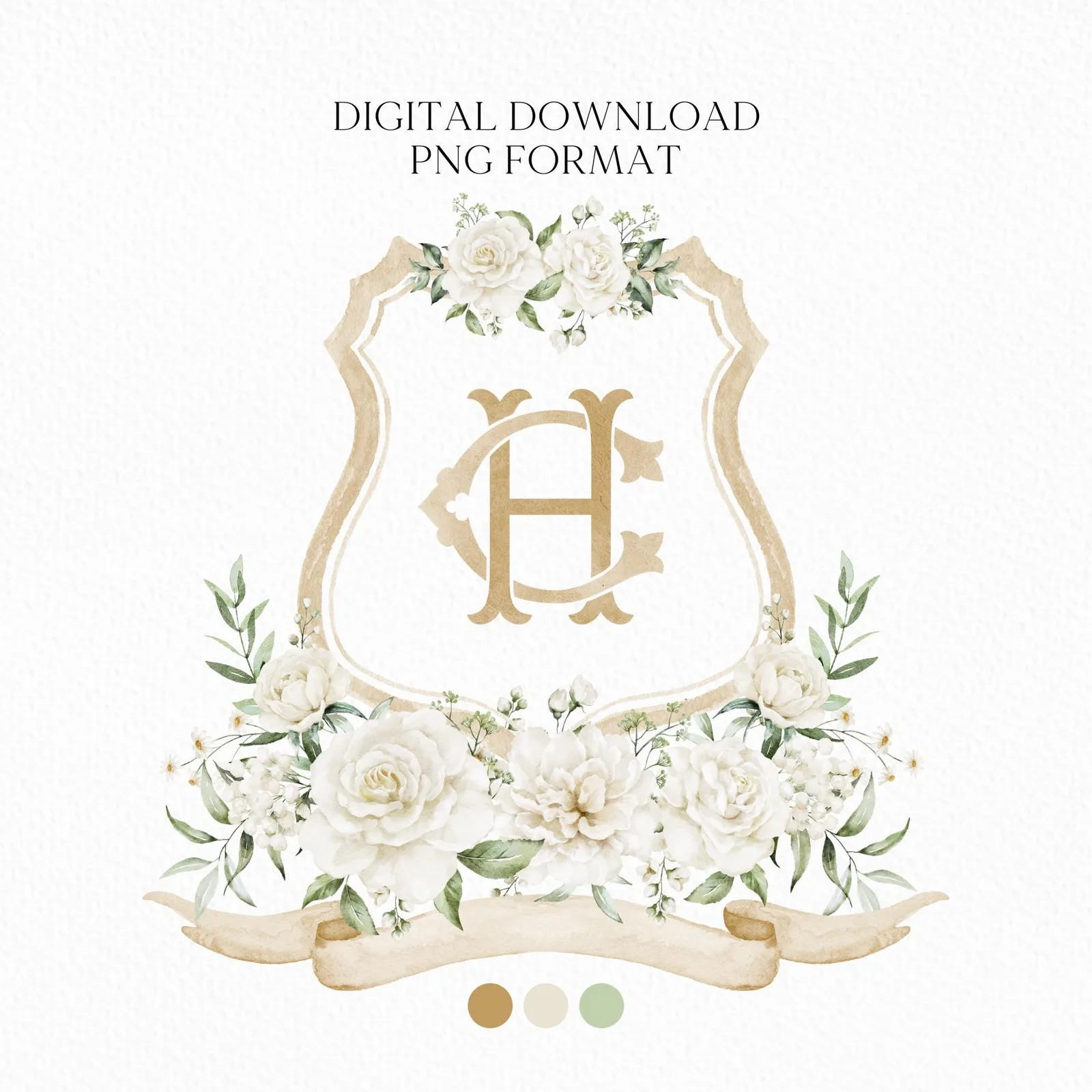 White Rose Greenery Hydrangea Flower Wedding Crest - Monogram Crest - Hydrangea White Floral Watercolor Wedding Crest Romantic Wedding Crest