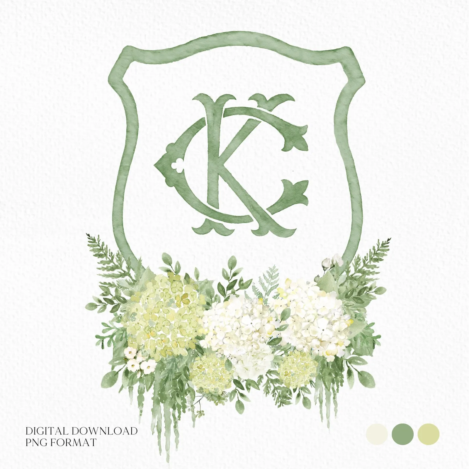 Green Hydrangea Flower Wedding Crest - Monogram Crest - Hydrangea White Floral Luxury Watercolor Wedding Crest - Romantic Wedding Crest