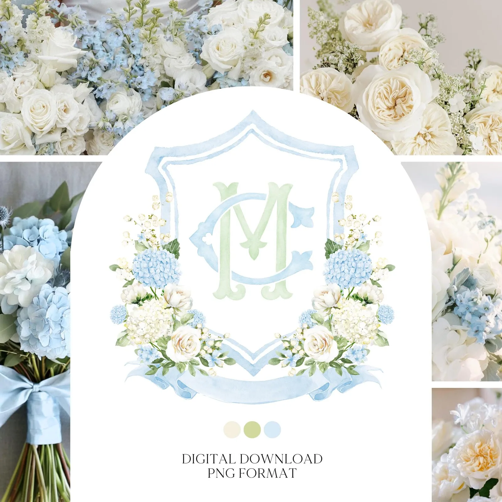 Blue Hydrangea Roses Flower Greenery Wedding Crest - Monogram Crest - White Cream Roses Floral