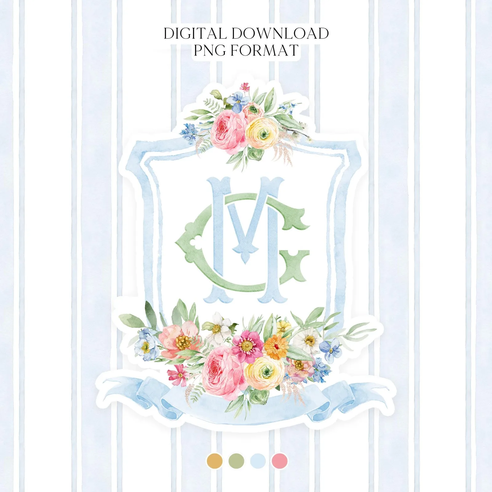 Wildflowers Bright Floral Colorful Watercolor Wedding Crest - Monogram Crest - Pastel Floral Watercolor Crest - Romantic Wedding Crest