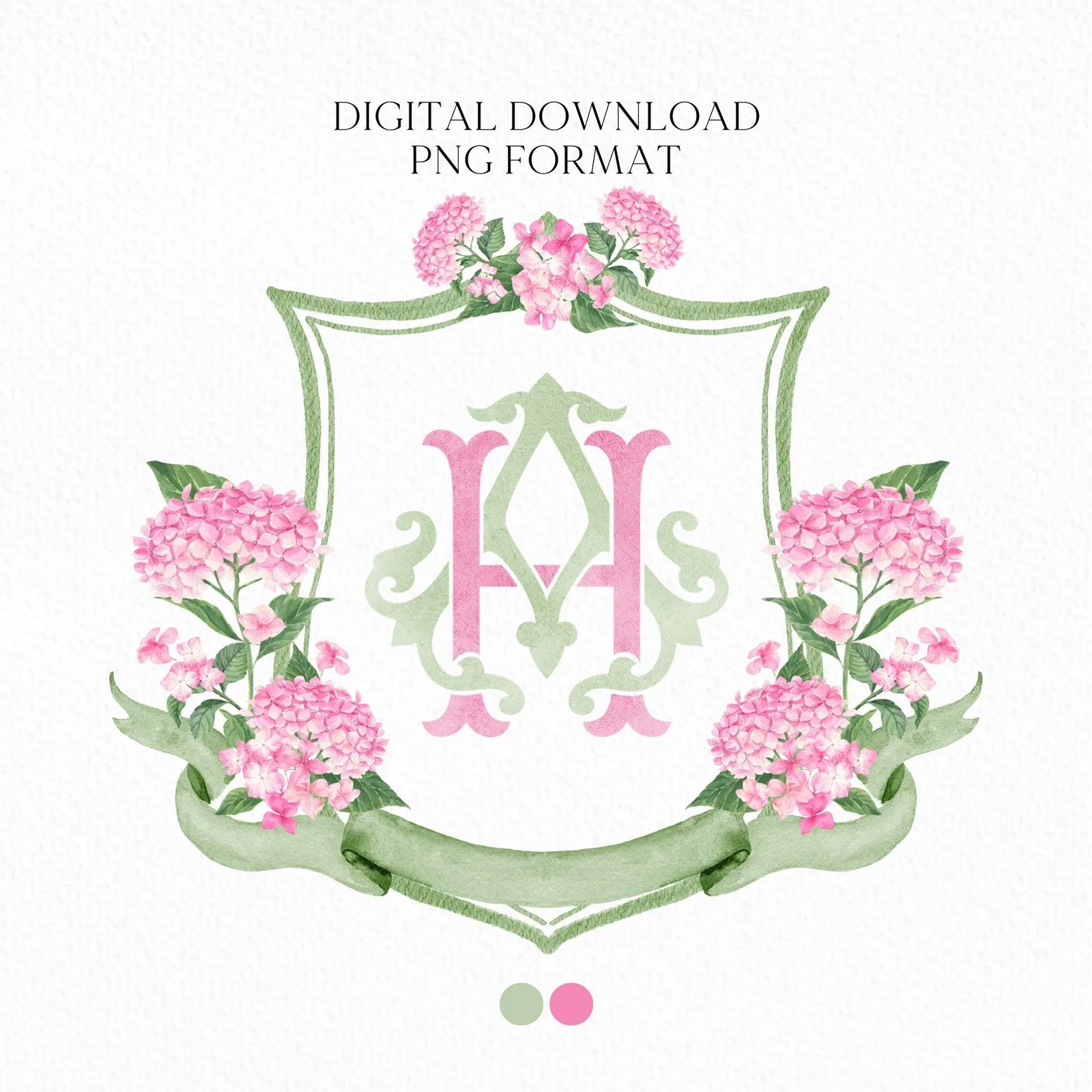 Pink Hydrangea Flower Wedding Crest - Monogram Crest - Hydrangea Light Pink Floral Luxury Watercolor Wedding Crest - Romantic Wedding Crest