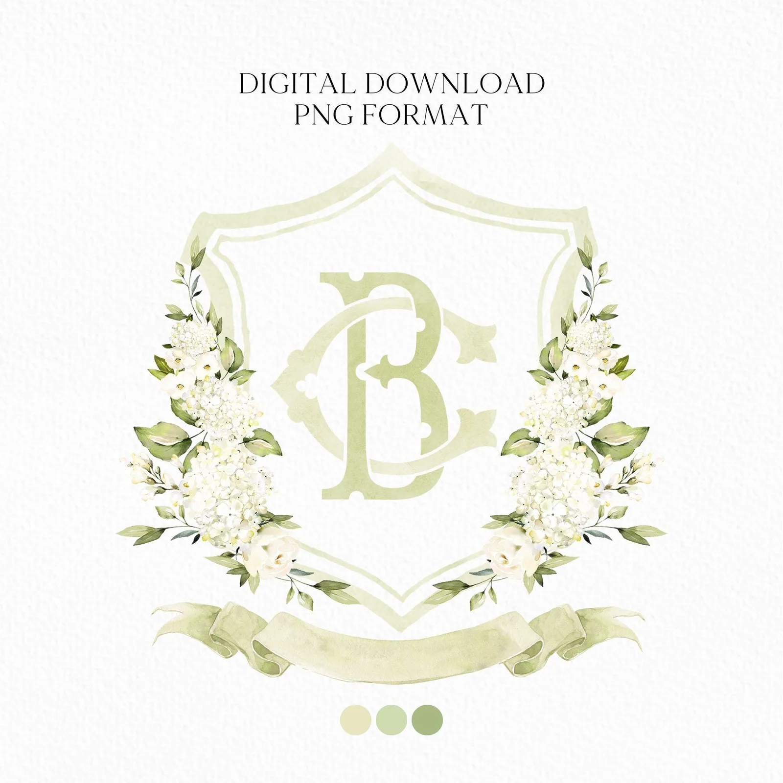 White Hydrangea Flower Wedding Crest - Monogram Crest - Hydrangea Floral Watercolor Wedding Crest - Romantic Wedding Crest - Boho Hydrangea