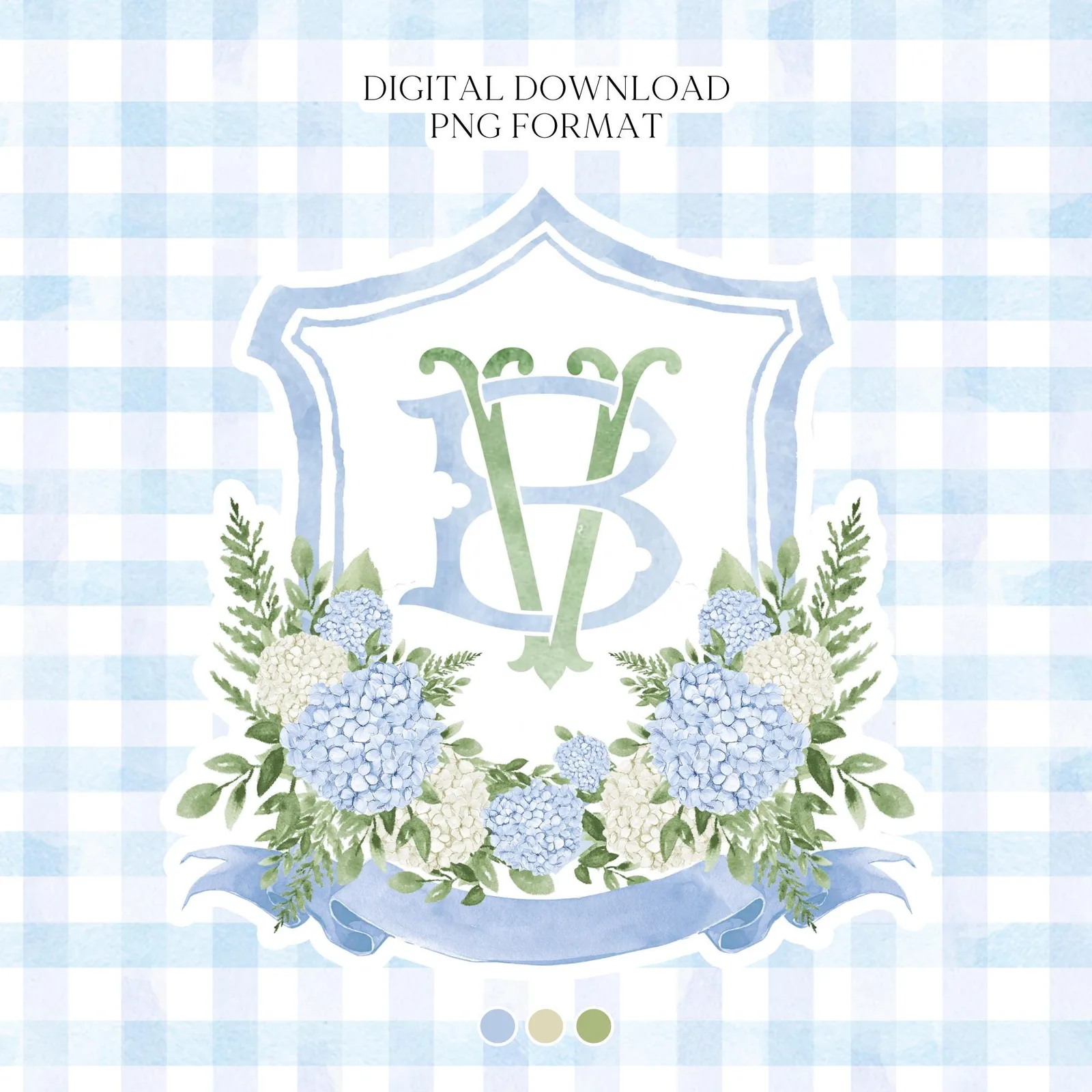 White Blue Hydrangea Flower Wedding Crest - Monogram Crest - Hydrangea Floral Luxury Watercolor Wedding Crest - Romantic Wedding Crest